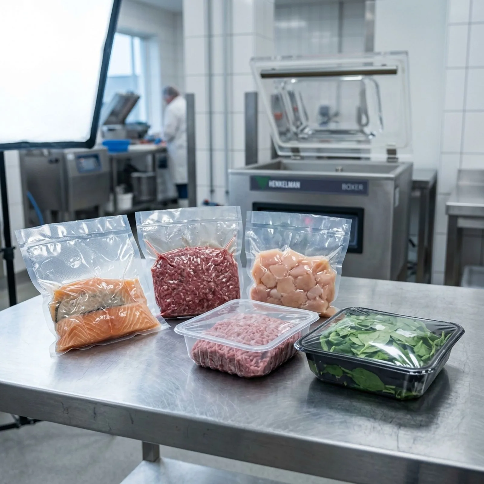 Vacuum-sealed pouches and modified-atmosphere sealed trays of food on a stainless steel table in a commercial processing facility, illustrating reduced oxygen packaging.