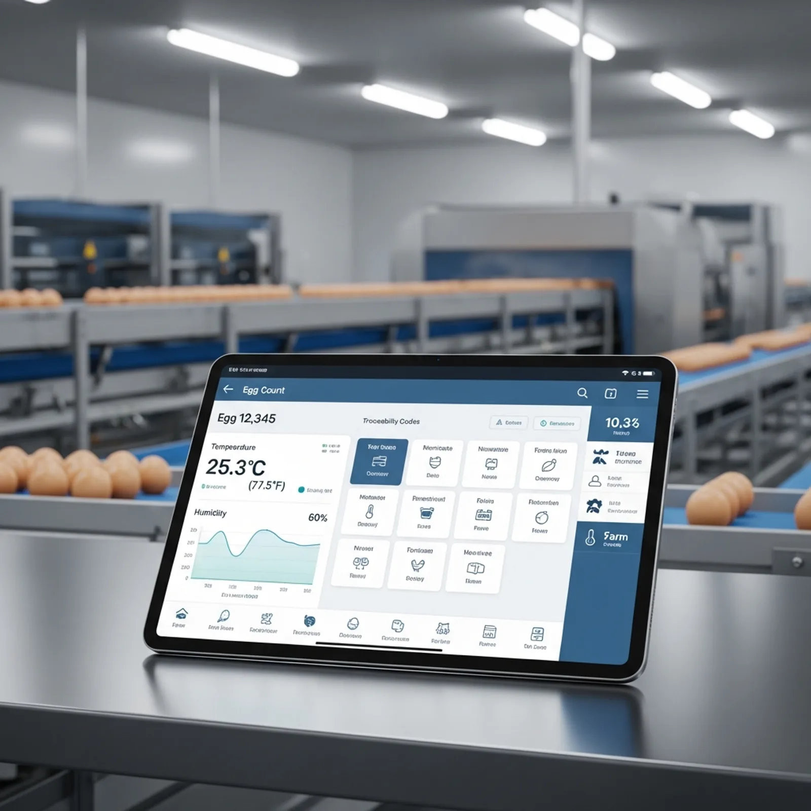Egg production management software dashboard on a tablet in a modern egg grading facility