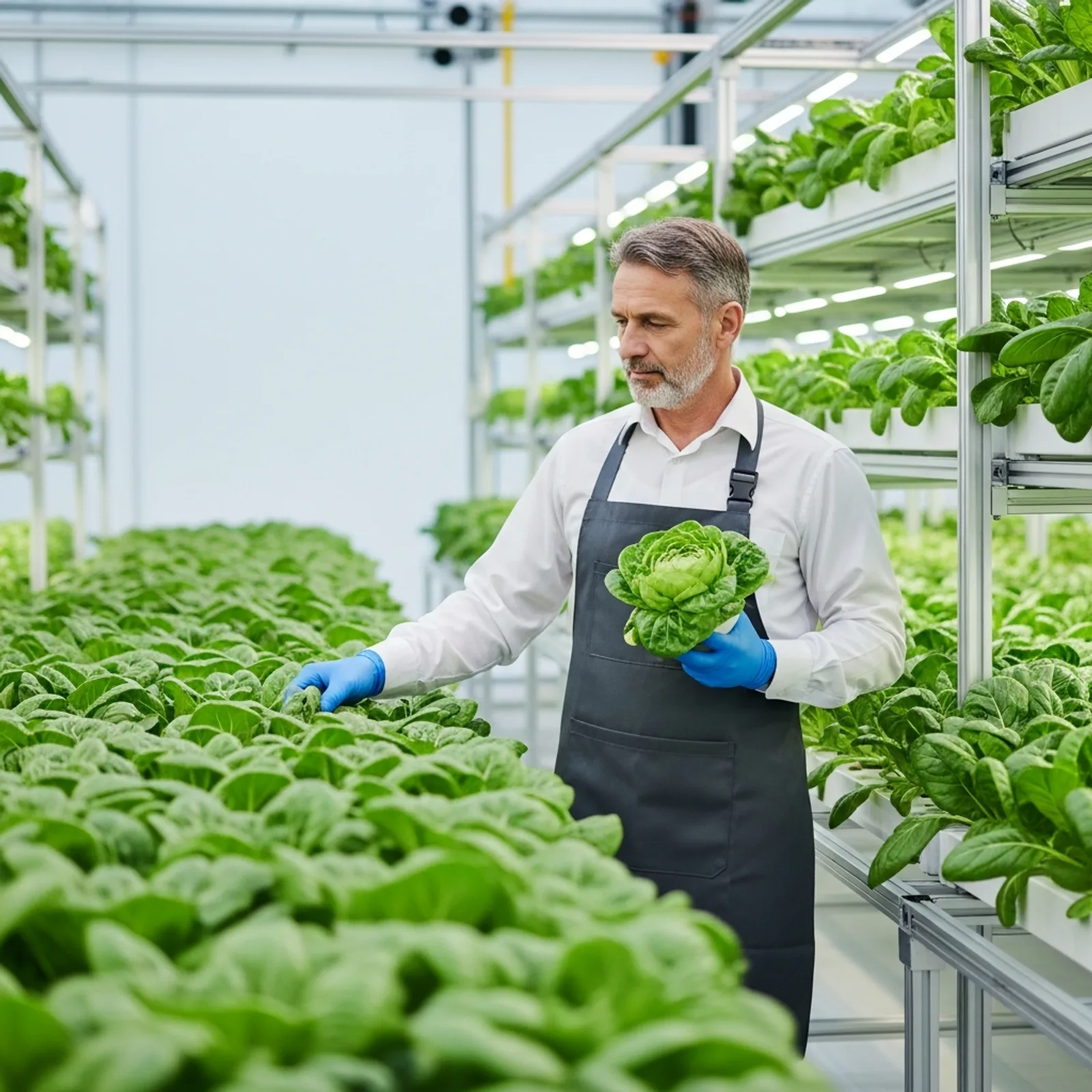 A professional produce grower inspecting crops in a modern, large-scale agricultural facility.