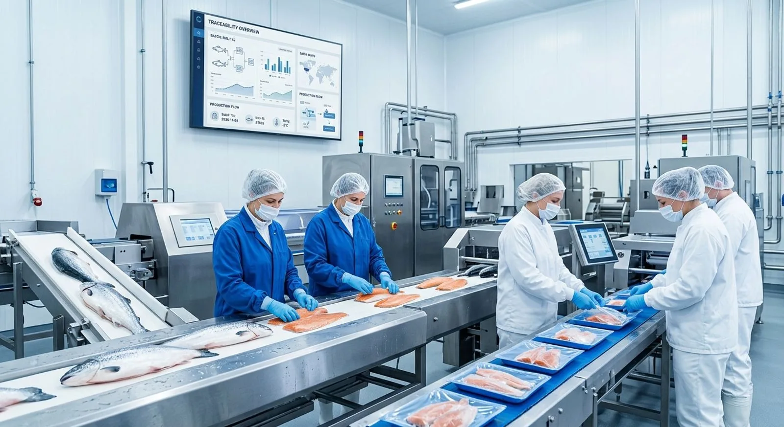 Seafood processing team working beside a digitally monitored production line