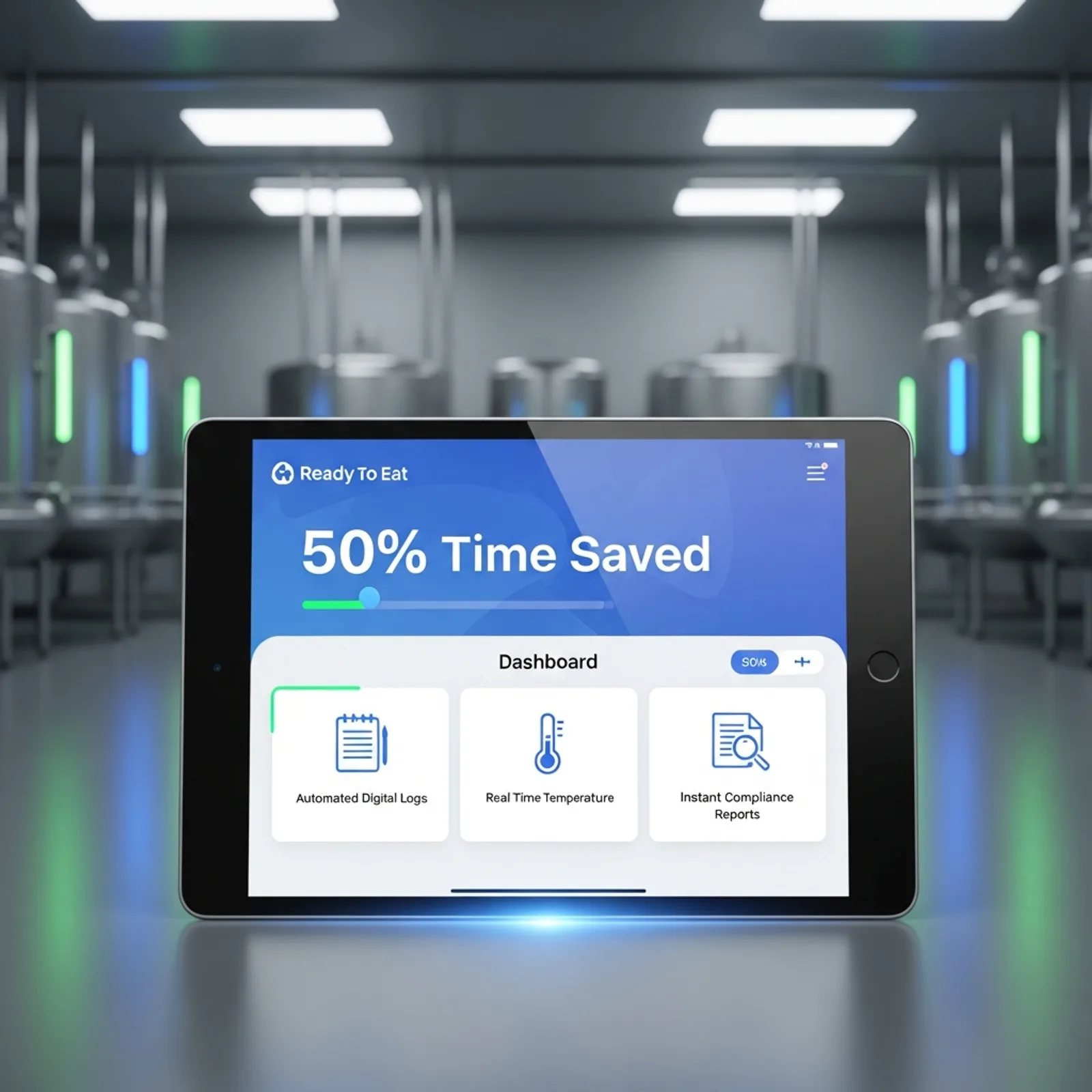 Infographic showing 50% time savings with automated ready-to-eat food safety software on a sleek tablet dashboard