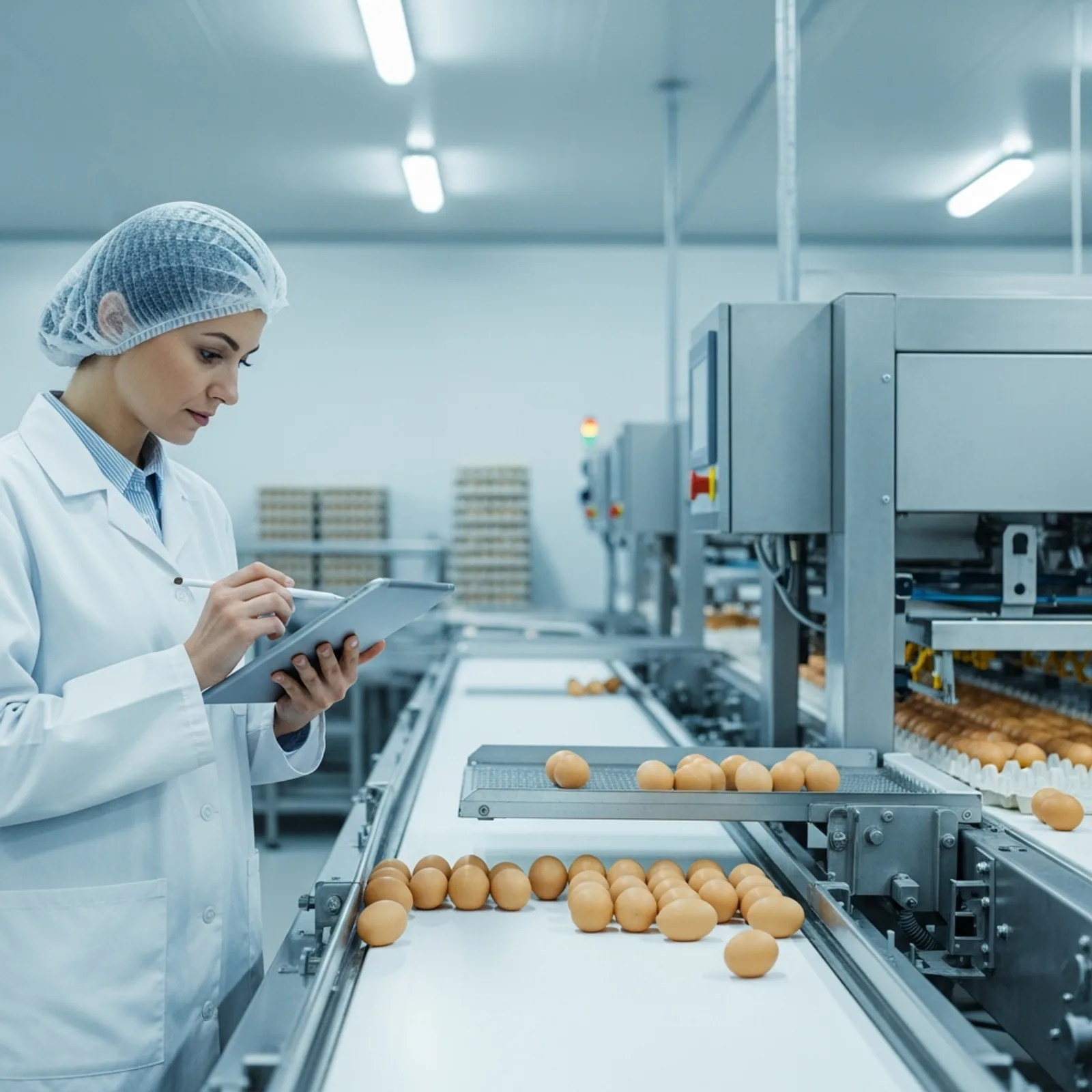 Quality assurance manager inspecting egg quality in a modern egg grading facility
