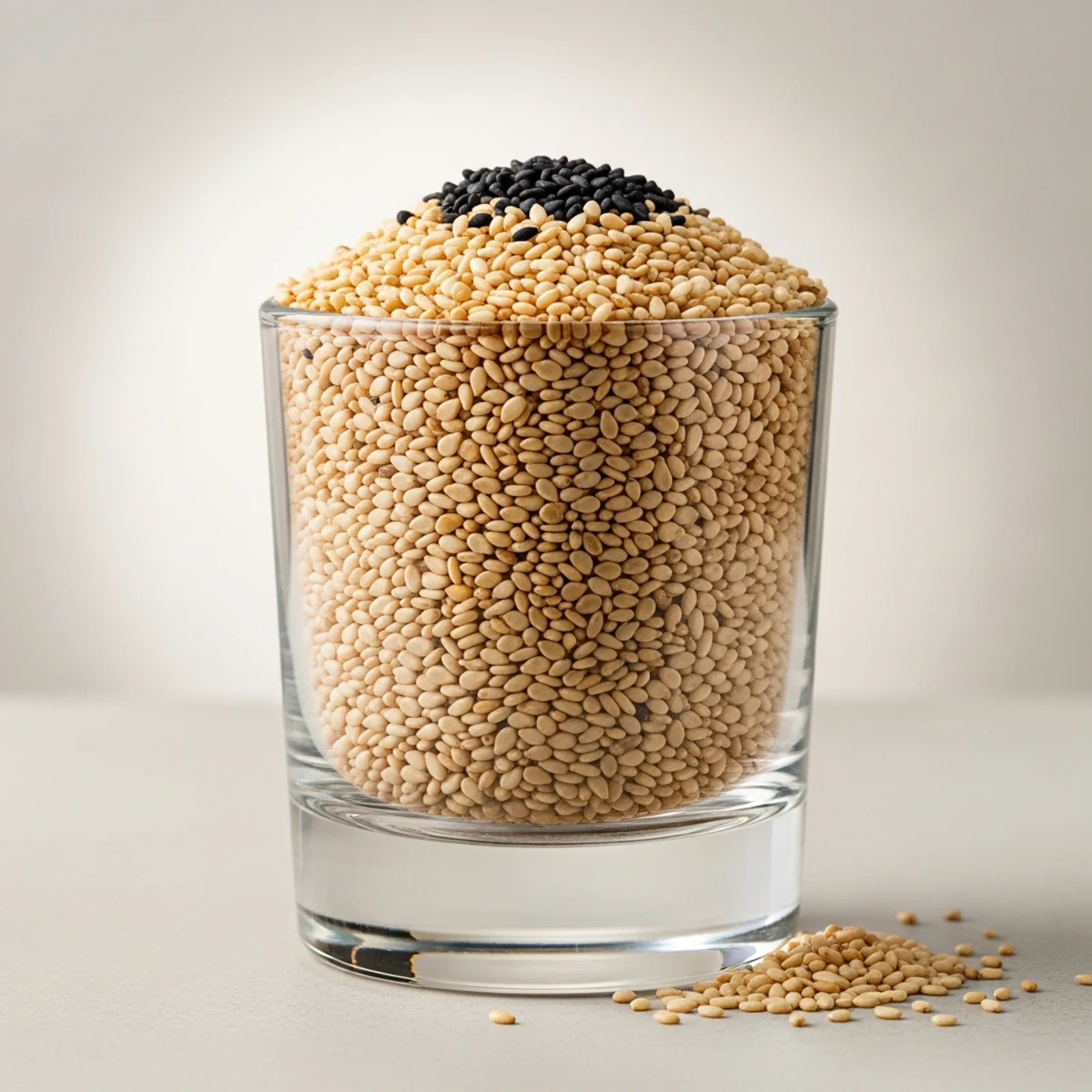 Raw hulled ivory sesame seeds with a scattering of glossy black sesame seeds filling a short clear glass tumbler, with a few loose seeds spilled beside it on a pale matte stone surface against a soft neutral cream background