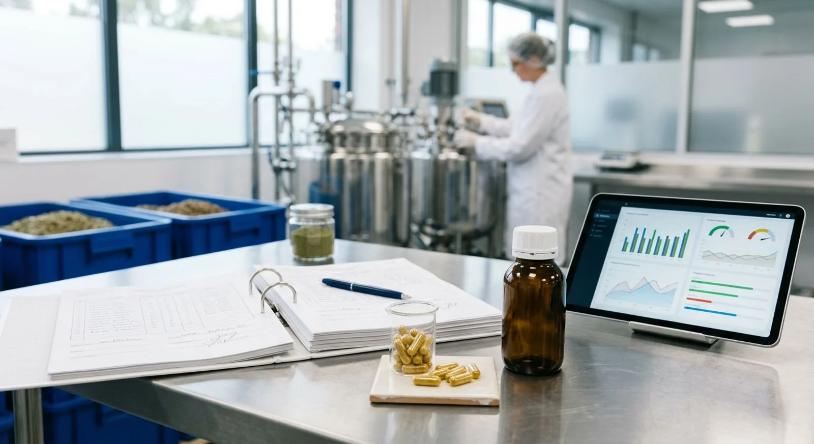 Capsules, raw ingredients and a digital quality dashboard in a nutraceutical manufacturing facility