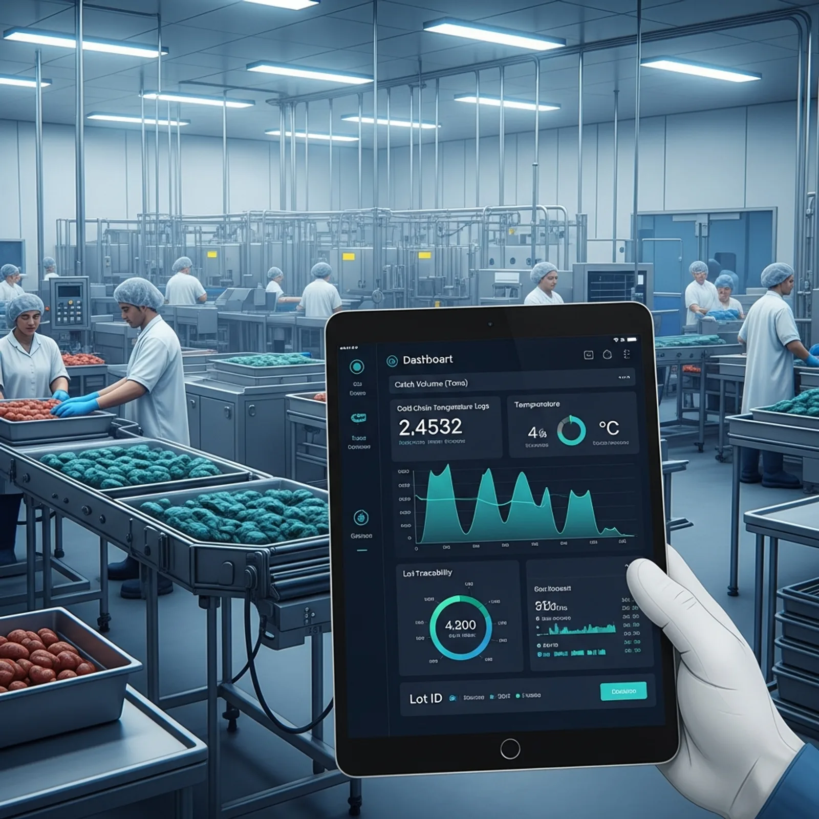A modern minimalist, clean and professional digital illustration of fishery and seafood processing management software. Show a sleek tablet displaying a dashboard with real-time catch tracking, cold chain temperature logs, and lot traceability in a high-tech seafood processing facility.