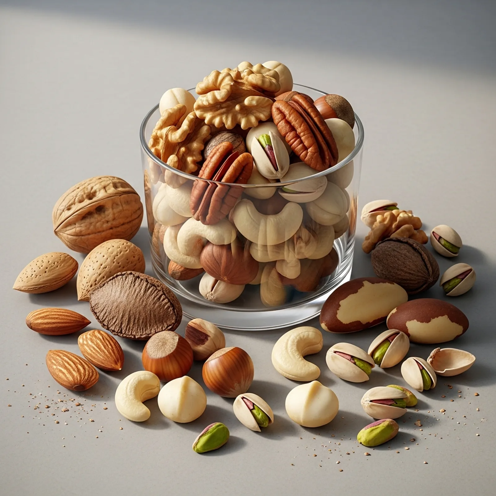 An assortment of whole shelled tree nuts including almonds, walnut halves, pecans, cashews, hazelnuts, pistachios, Brazil nuts and macadamias in a clear glass bowl and spilling onto a pale grey stone surface, with a few in-shell walnuts, hazelnuts and split pistachio shells alongside</alt_text>
<parameter name="description">Editorial studio food safety photograph showing a mixed assortment of tree nuts in and around a clear glass vessel on a neutral pale grey stone surface. Includes almonds, walnut halves, pecan halves, cashews, hazelnuts, pistachios, Brazil nuts and macadamias, with several in-shell examples for botanical reference. Soft directional daylight, shallow depth of field, neutral background. Suitable for tree nut allergen labelling and declaration, Big 9 major food allergen content, allergen cross-contact and shared equipment controls, dry goods storage, aflatoxin and mycotoxin hazards, and ingredient reference use.</description>
<parameter name="theme">light