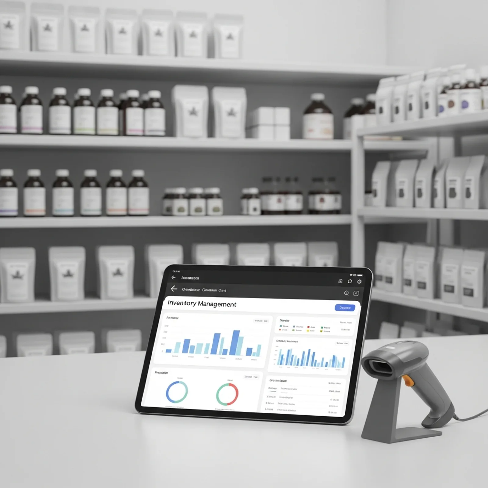 Modern tablet displaying a cannabis inventory management dashboard with barcode scanning and real-time stock levels in a clean, professional facility.