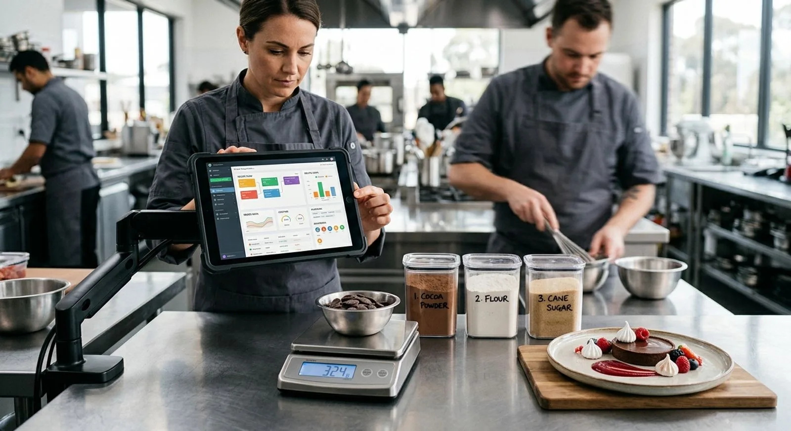 Tablet, weighed ingredients, and digital scale used for standardized recipe management