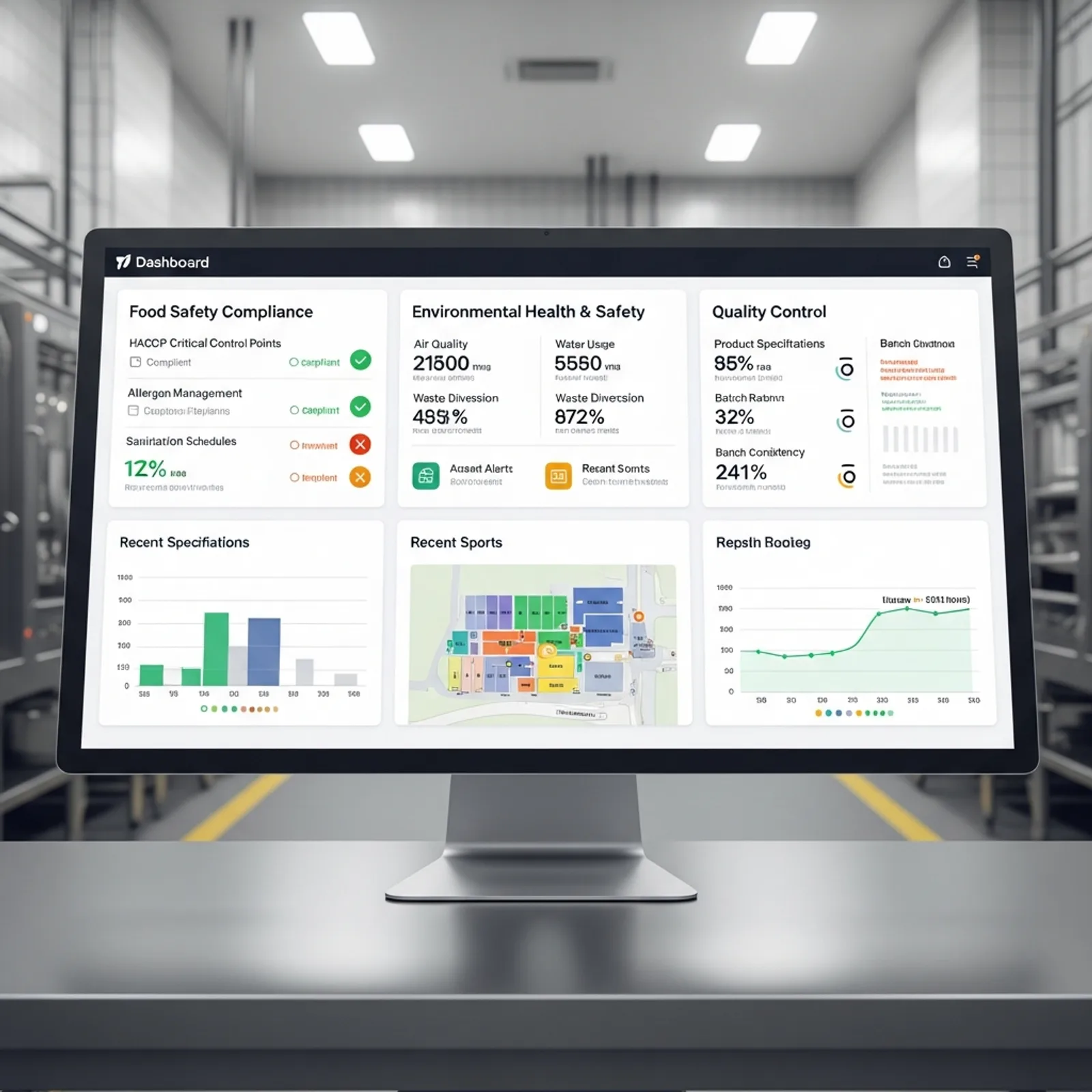 Modern food and beverage EHS software dashboard showing safety compliance and environmental metrics in a clean, professional facility.