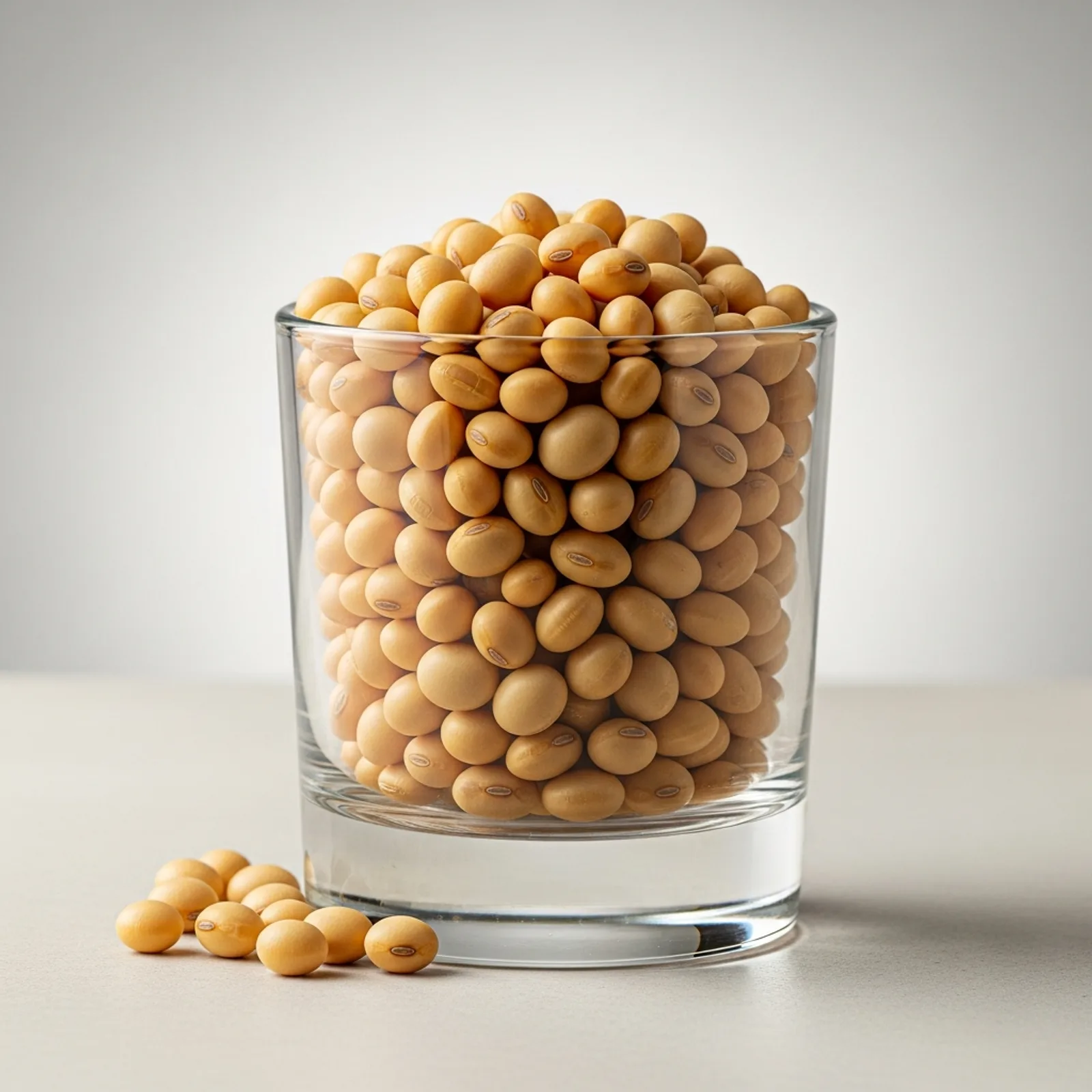 Raw dried golden soybeans filling a short clear glass tumbler, with a few loose beans spilled beside it on a pale matte stone surface against a soft neutral cream background