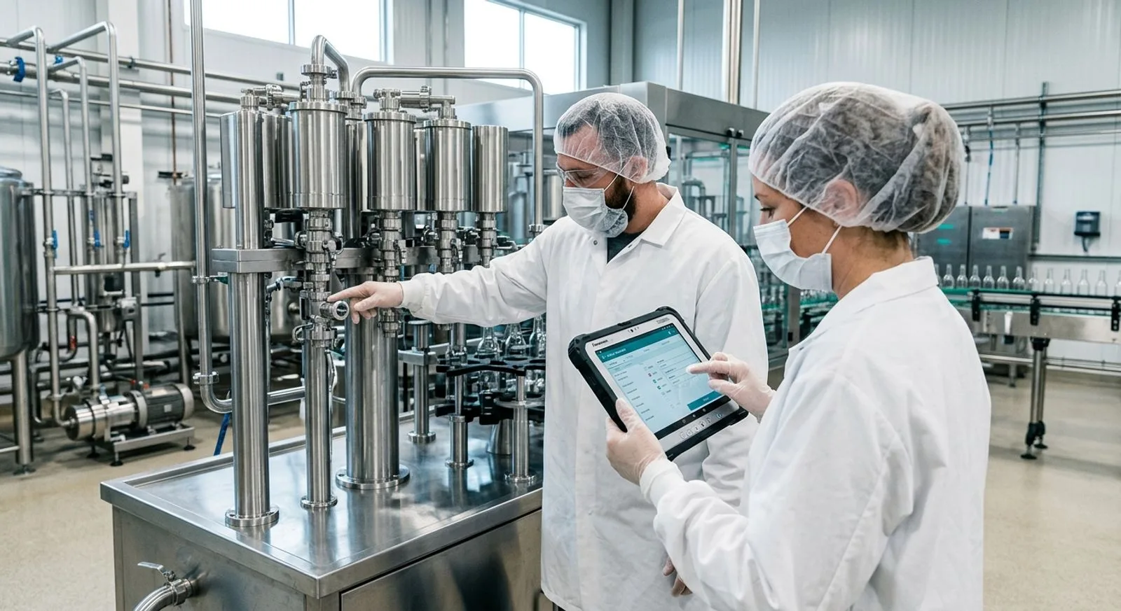 Food safety team recording a digital pre-operational sanitation inspection beside beverage processing equipment