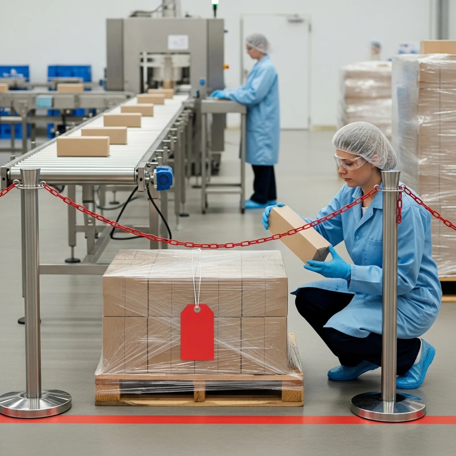 A quality assurance expert in a hairnet, safety glasses, blue smock and nitrile gloves crouched beside a stretch-wrapped pallet of plain sealed cases held inside a red-cordoned quarantine bay, examining a carton seam while the packaging line continues running behind her inside a clean food production facility