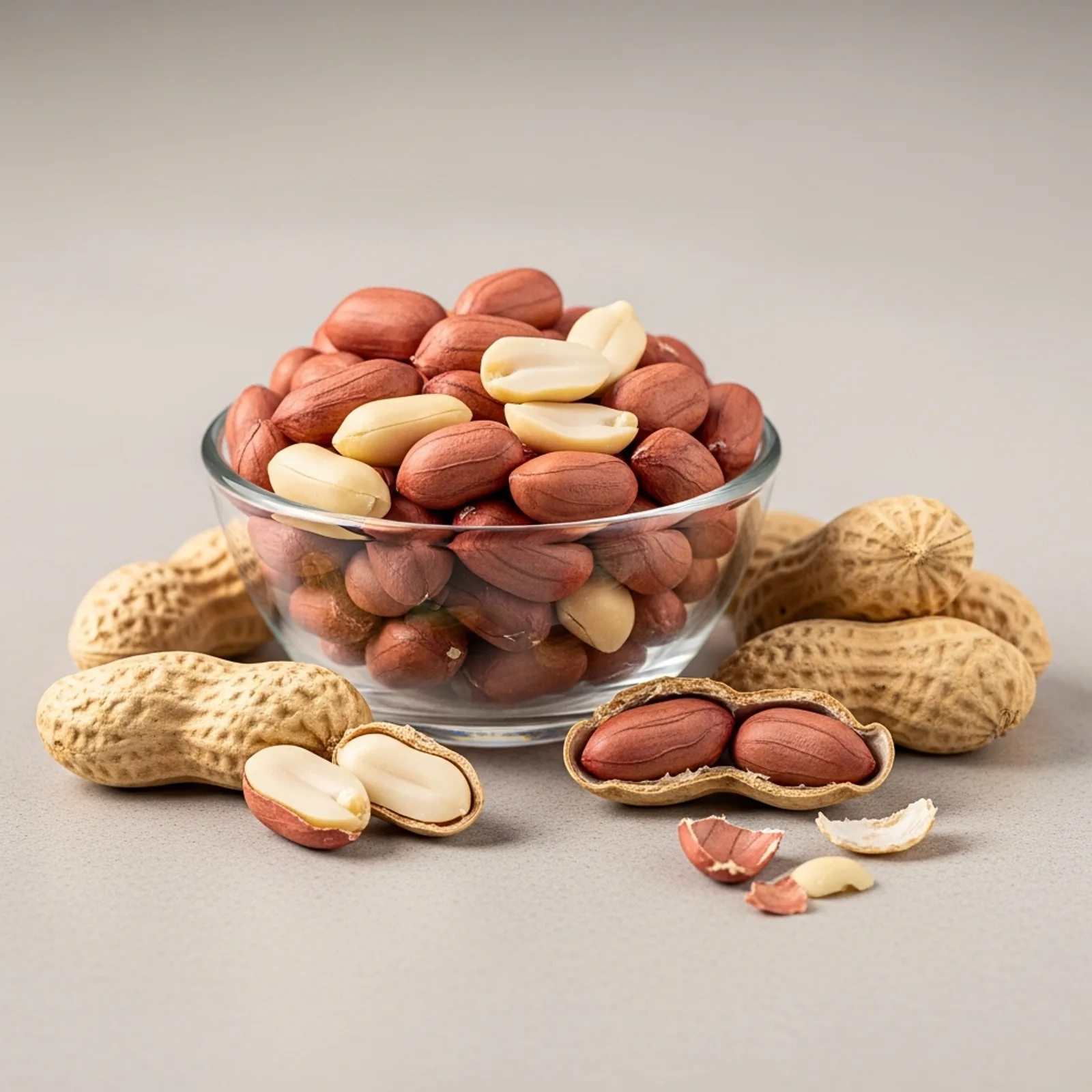 Raw shelled peanuts with papery reddish-brown skins in a clear glass bowl and spilling onto a pale grey stone surface, with several whole ridged in-shell peanut pods and one cracked pod showing the kernels inside