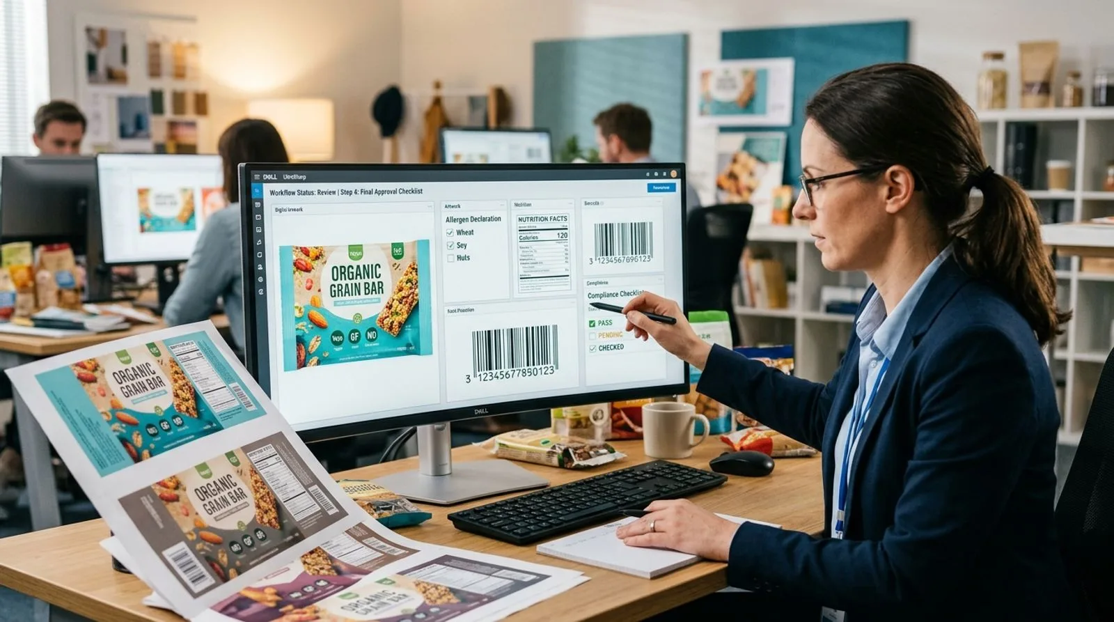 Quality manager checking food label artwork and packaging compliance approvals on a digital screen