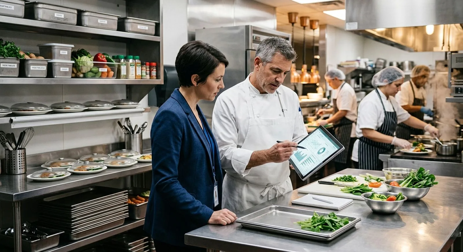 Food service director and chef reviewing operational data on a tablet