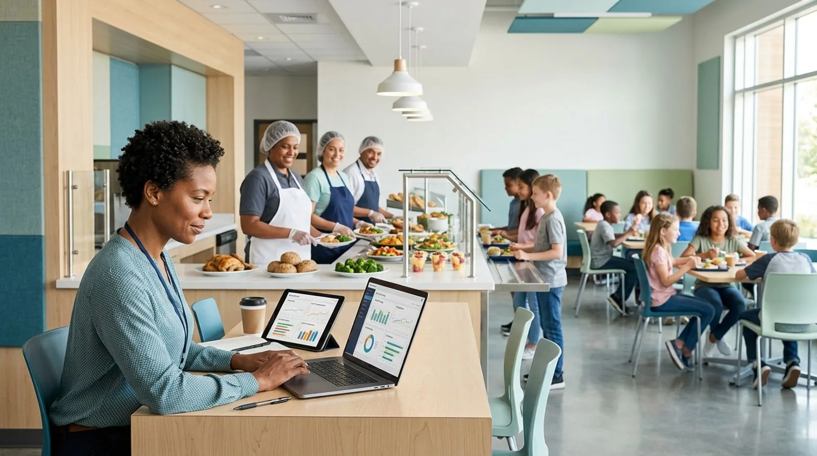 School nutrition director using lunch management software in a modern K-12 cafeteria