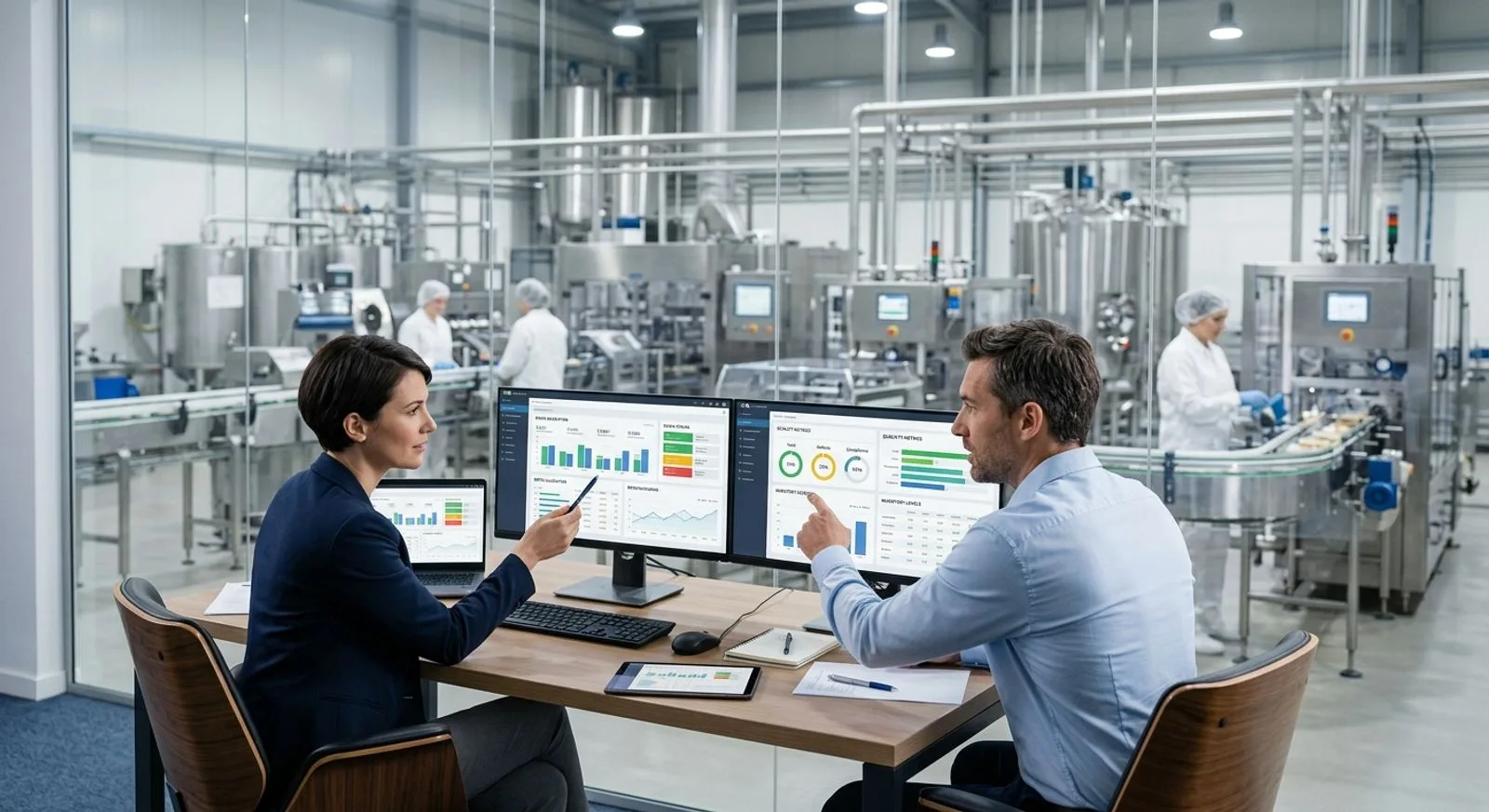 Food production and quality managers reviewing manufacturing software dashboards