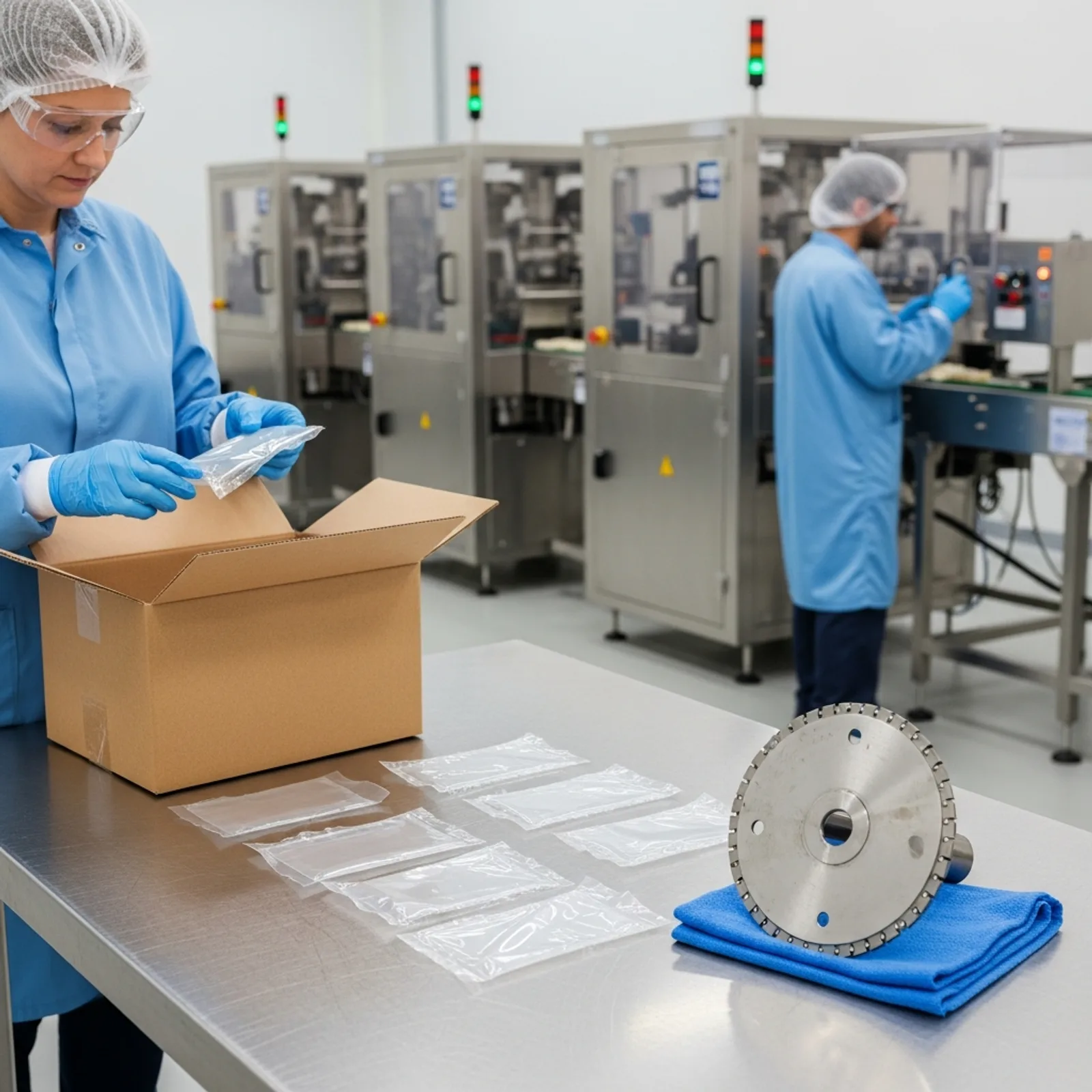 A quality assurance investigator in a hairnet, safety glasses, blue smock and nitrile gloves holding a food package with a ragged cut film edge beside a worn and nicked rotary cutting blade removed from the line, with a stopped packaging station and a maintenance technician visible behind her inside a clean food production facility