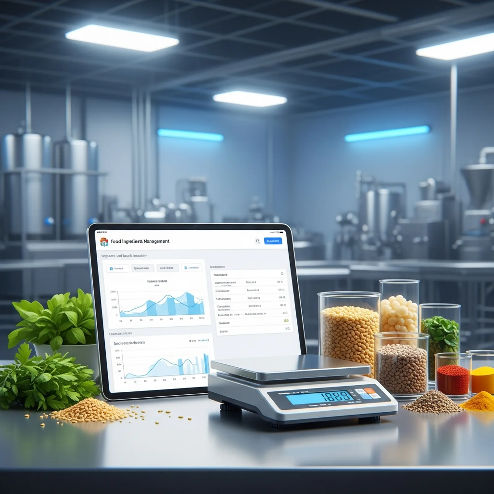 Sleek tablet displaying ingredient management software dashboard in a modern food manufacturing facility with fresh ingredients