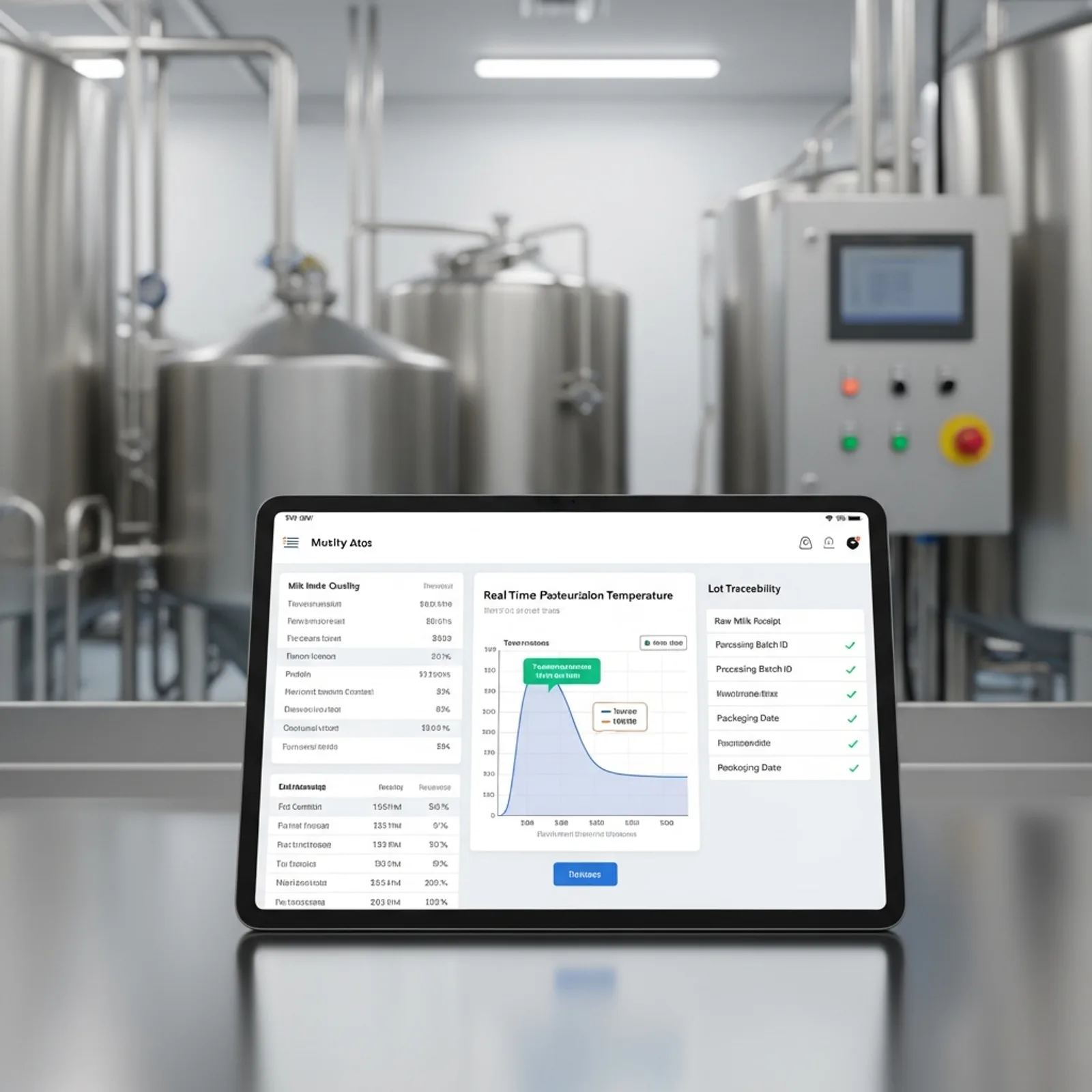 Modern minimalist dairy manufacturing software dashboard showing milk intake quality logs, pasteurization temperature charts, and lot traceability checklists on a tablet screen in a clean, professional dairy processing facility.