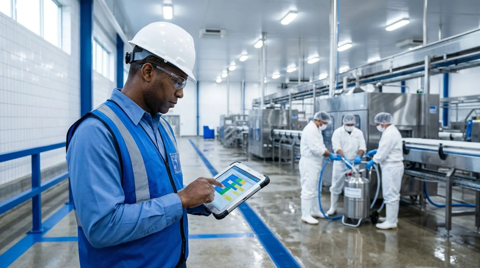 Food plant sanitation team coordinating scheduled cleaning tasks from a digital checklist