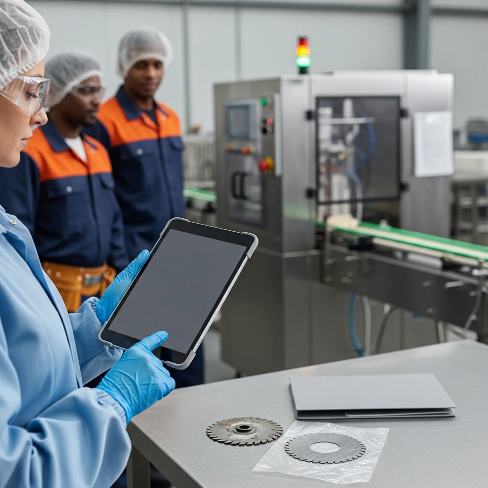 A quality assurance manager in a hairnet, safety glasses, blue smock and nitrile gloves holding a tablet with a completely blank dark screen, her gloved finger lifting away after a final confirmation tap, beside a worn chipped blade, its flawless replacement and a closed grey folder, with the maintenance lead in a high-visibility orange yoke standing by as the repaired packaging line runs smoothly behind them in a clean food production facility