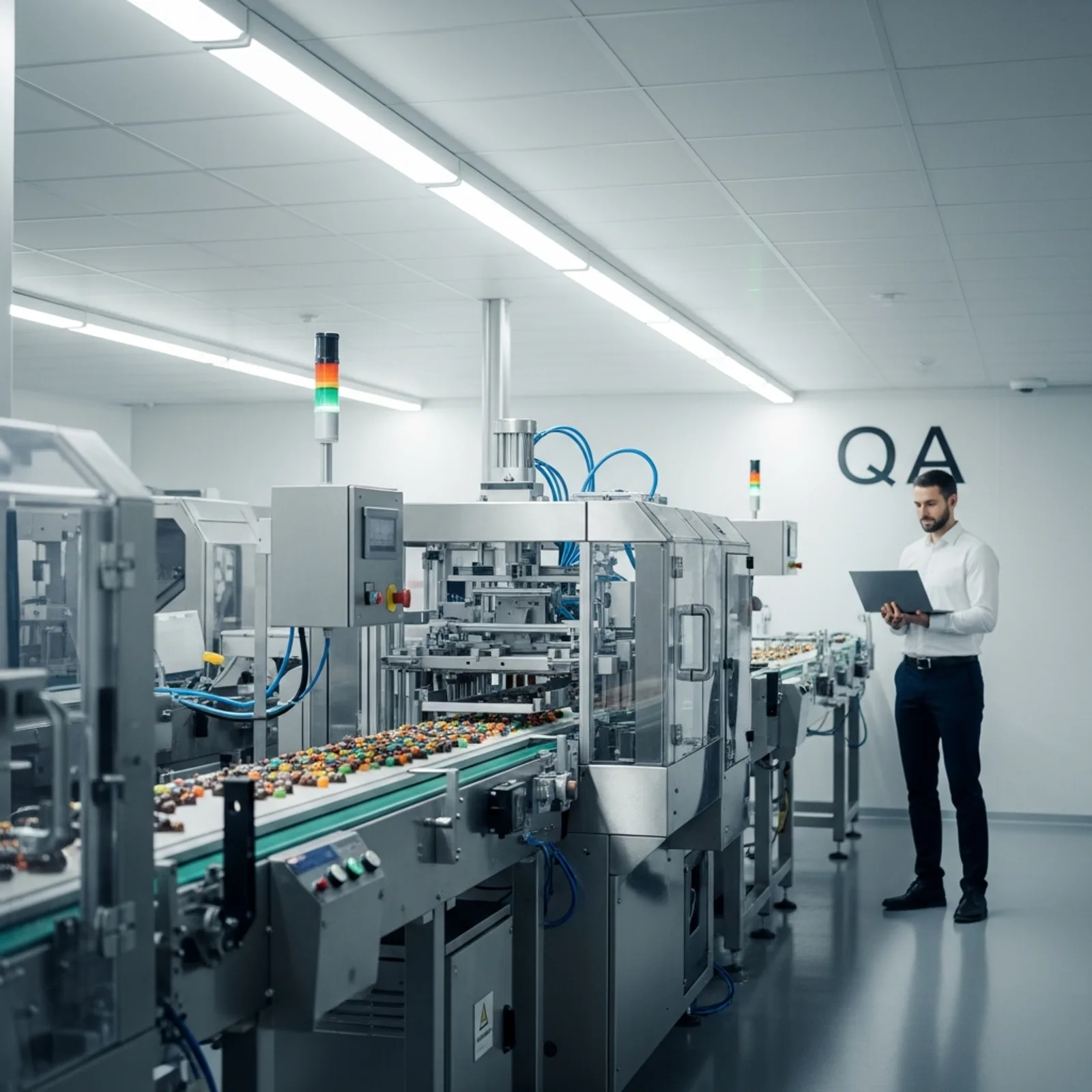 A vertical realistic photograph of a modern confectionery production line with a QA manager holding a laptop in the background.
