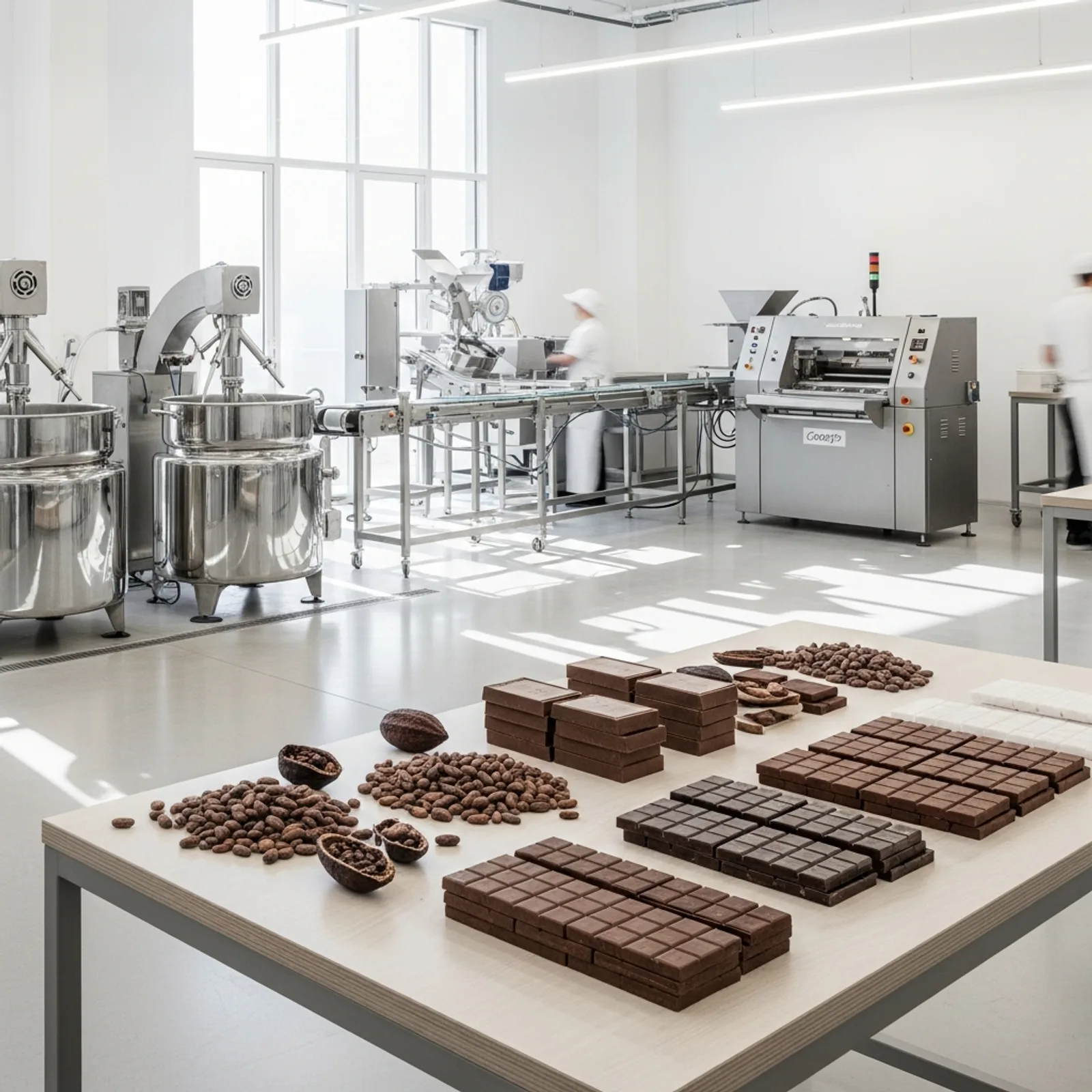 Professional modern minimalist chocolate manufacturing facility with clean stainless steel machinery and cocoa processing.