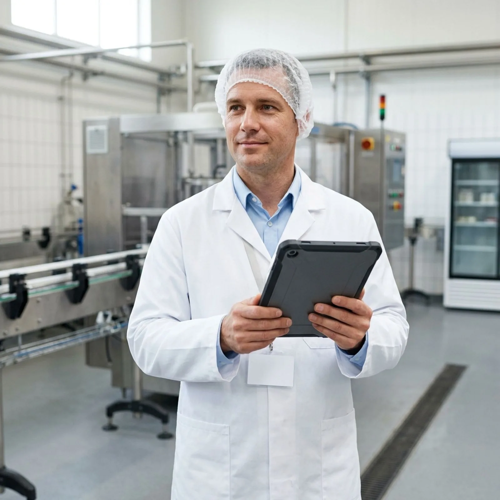 A food safety consultant in a white lab coat and hairnet holds a tablet with its screen turned away from view while standing in a clean stainless steel food manufacturing plant.