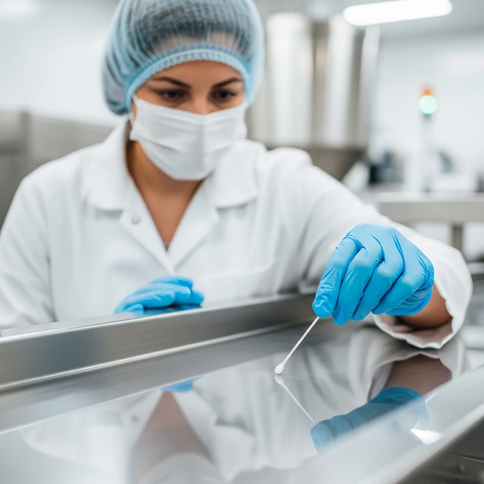 Food safety technician taking an environmental swab sample from a stainless steel conveyor belt in a food processing plant.