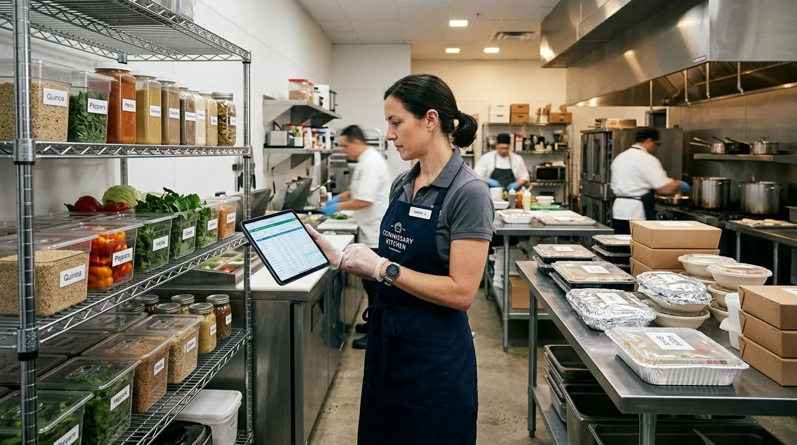Commissary kitchen manager reviewing production and inventory data on a tablet