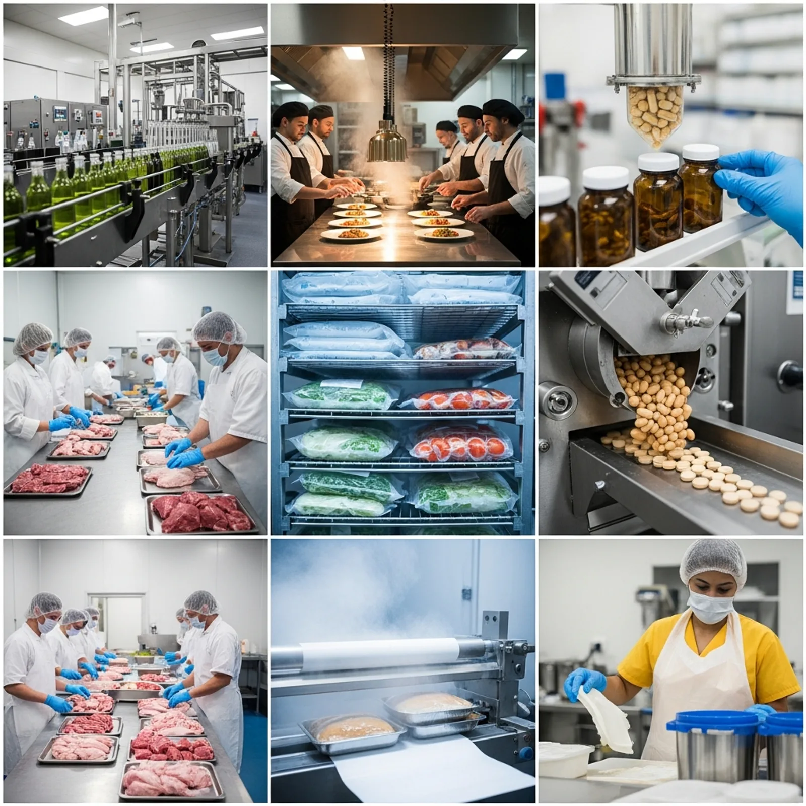 A 3x3 grid of nine realistic photographs representing food industry sectors: beverage bottling line, commercial kitchen, supplement encapsulation, meat and poultry processing, frozen packaged foods, dairy plant, seafood processing on ice, bakery and confectionery, and a distribution warehouse