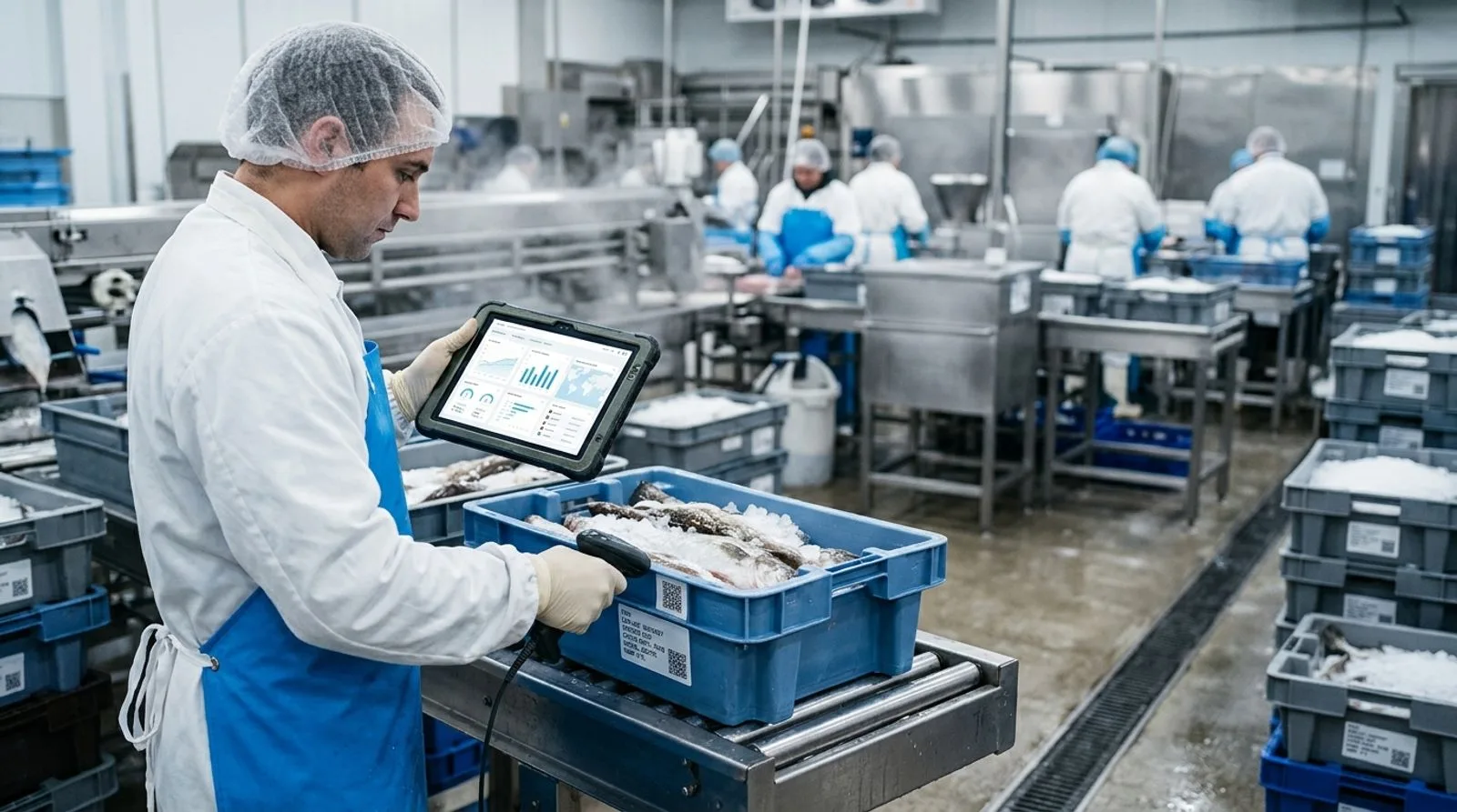 Seafood processor scanning labeled fish crates with traceability software on a tablet
