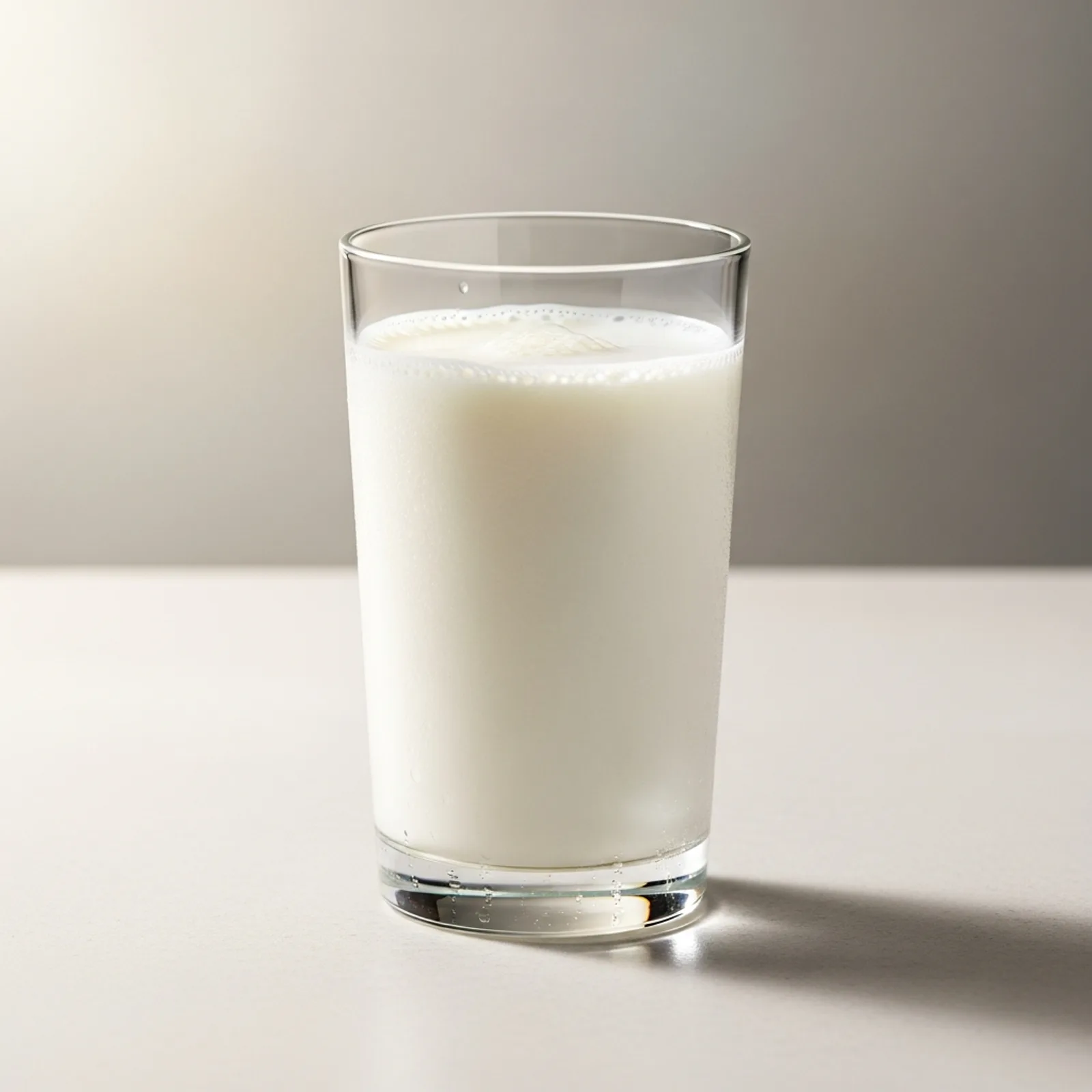 A tall clear glass of fresh cold whole milk with a thin layer of fine foam on the surface and condensation beads on the outside, resting on a pale matte surface against a soft neutral cream background