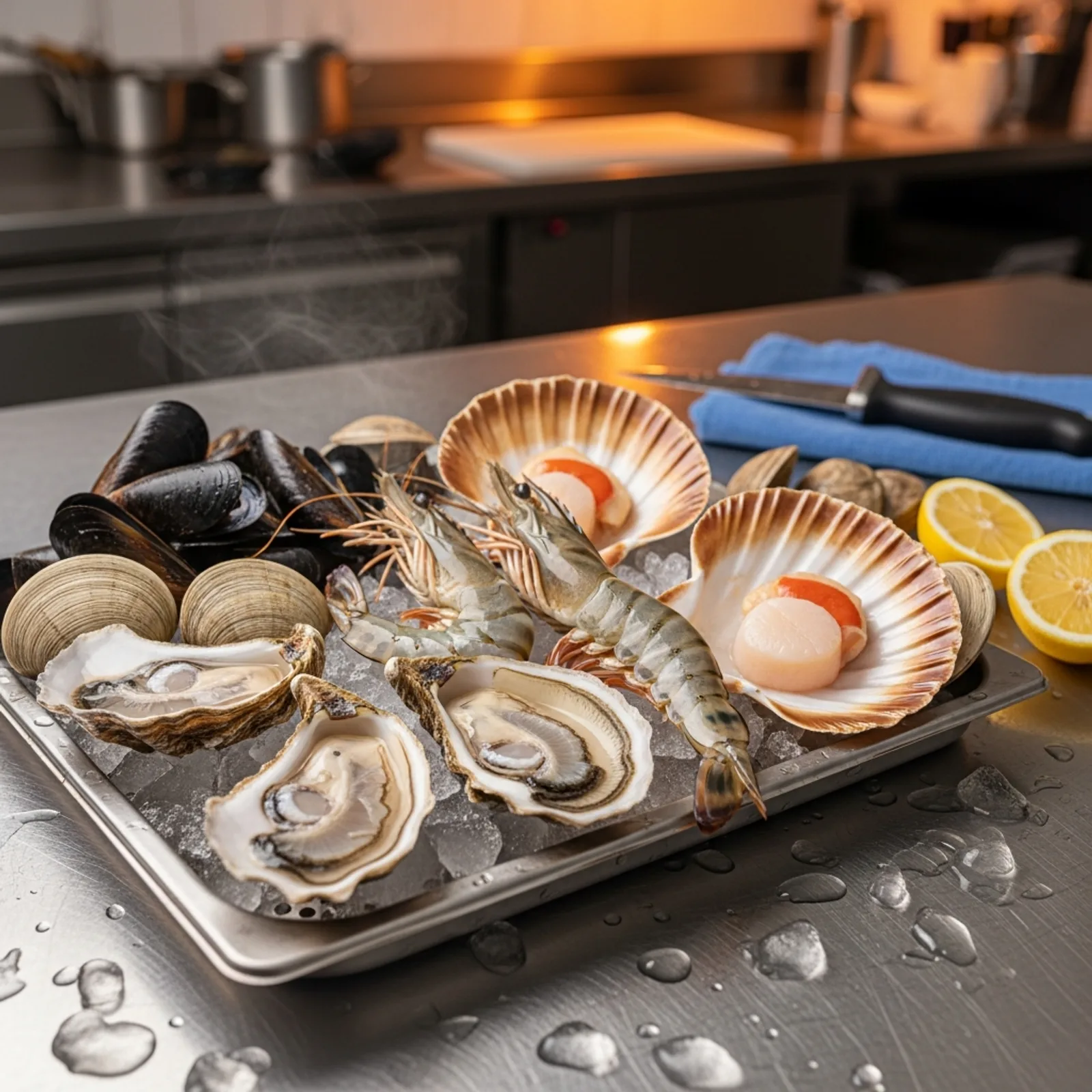 Fresh raw shellfish including shucked oysters on the half shell, tiger prawns, scallops, mussels and clams arranged on crushed ice in a stainless steel tray on a brushed steel restaurant kitchen prep table, with an oyster knife and lemon wedge nearby and a professional kitchen blurred in the background</alt_text>
<parameter name="description">Editorial-style food safety photograph showing an assortment of fresh raw shellfish — shucked oysters, tiger prawns, scallops, mussels and clams — held on crushed ice in a perforated stainless steel tray on a professional restaurant kitchen prep table. Shallow depth of field with a softly blurred commercial kitchen background. Suitable for content on shellfish handling, cold chain and temperature control, raw bar operations, Vibrio and norovirus hazards, shellfish tags and traceability, and allergen cross-contact in foodservice.</description>
<parameter name="theme">light
