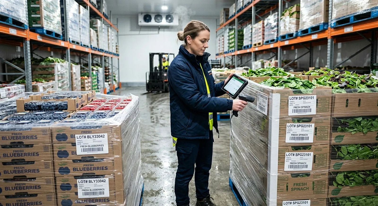 Warehouse supervisor scanning fresh produce lots in a refrigerated distribution center