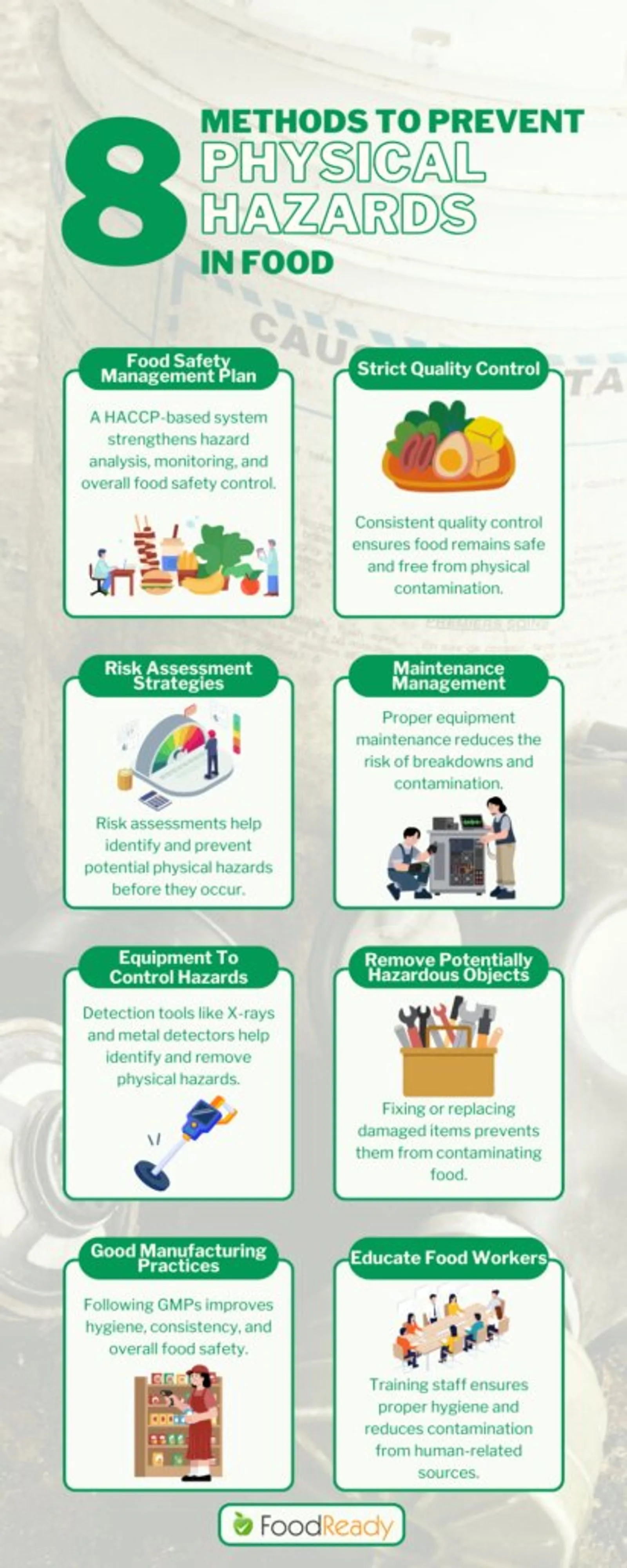 8 methods to prevent physical hazards in food infographic