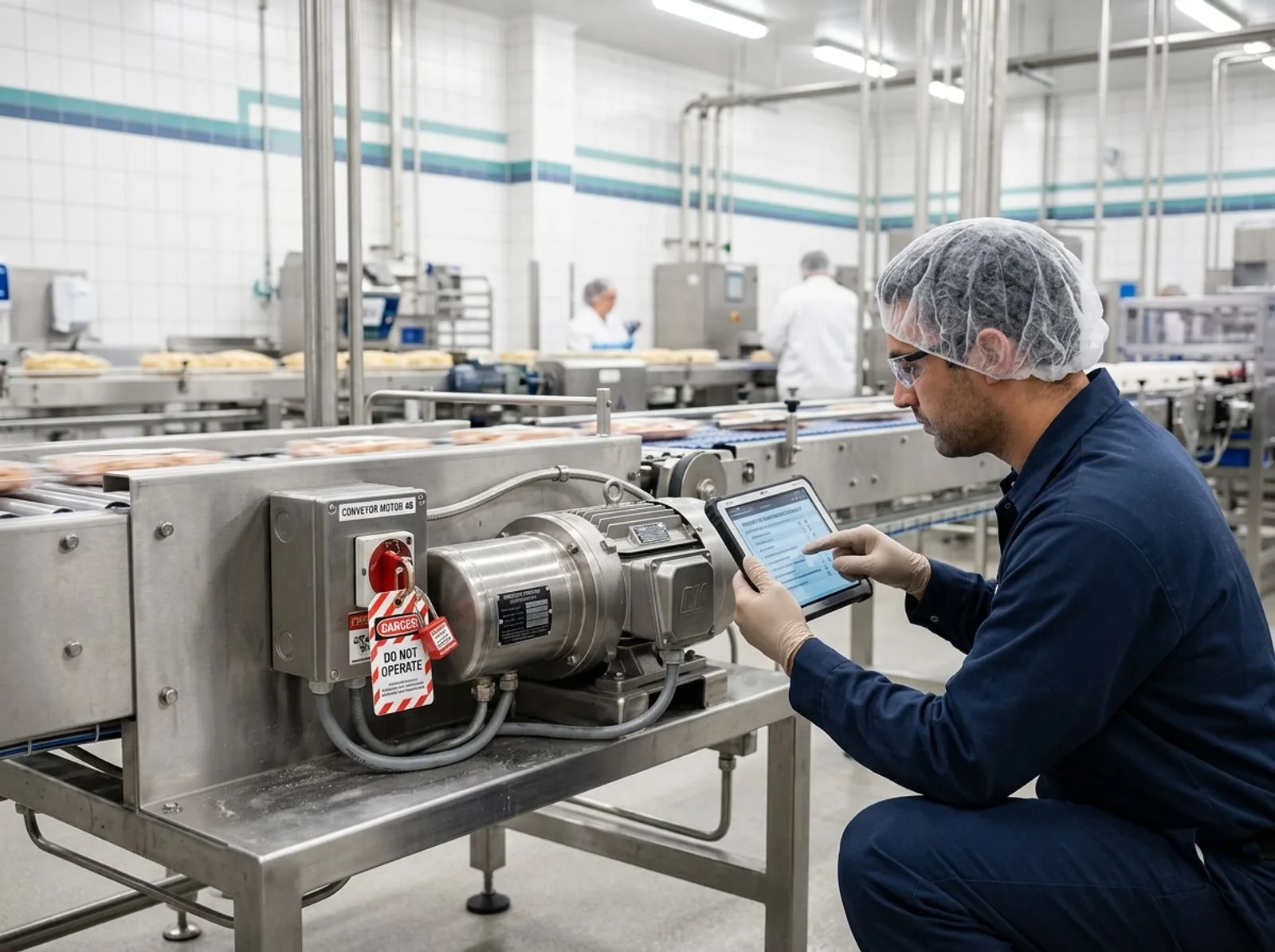 Technician inspecting a food production conveyor motor with a digital maintenance checklist