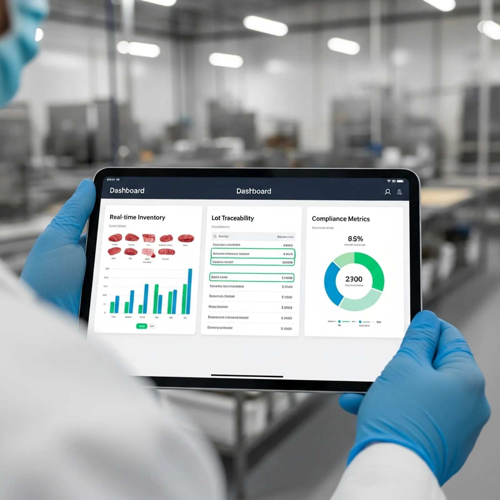Modern meat processing software dashboard showing real-time inventory and lot traceability in a clean food manufacturing facility