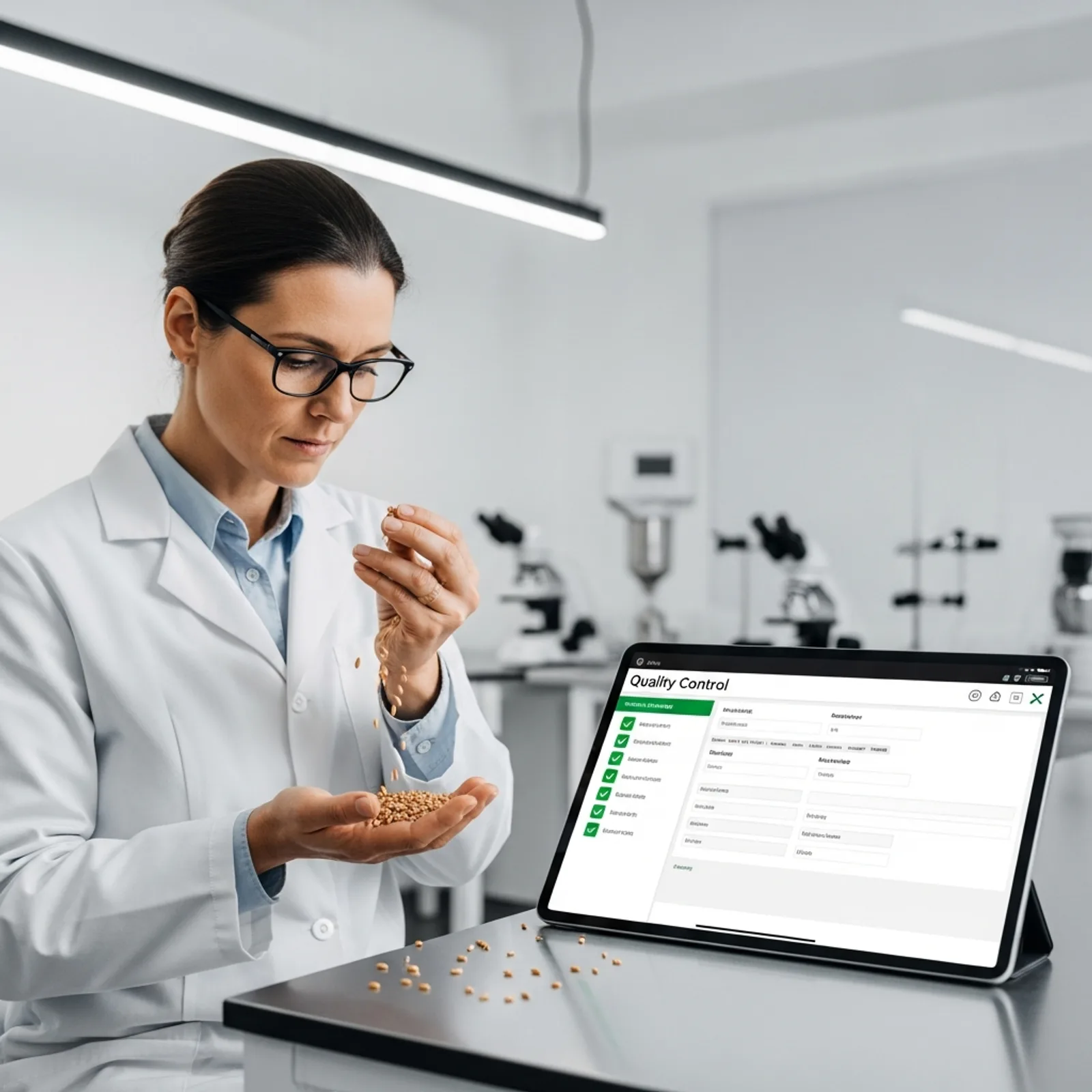 A professional food safety inspector or quality manager examining grain quality in a modern laboratory or processing facility, holding a sample of wheat or corn, with a digital tablet showing quality control checklists in the background. Modern minimalist, clean and professional, high-quality photography.