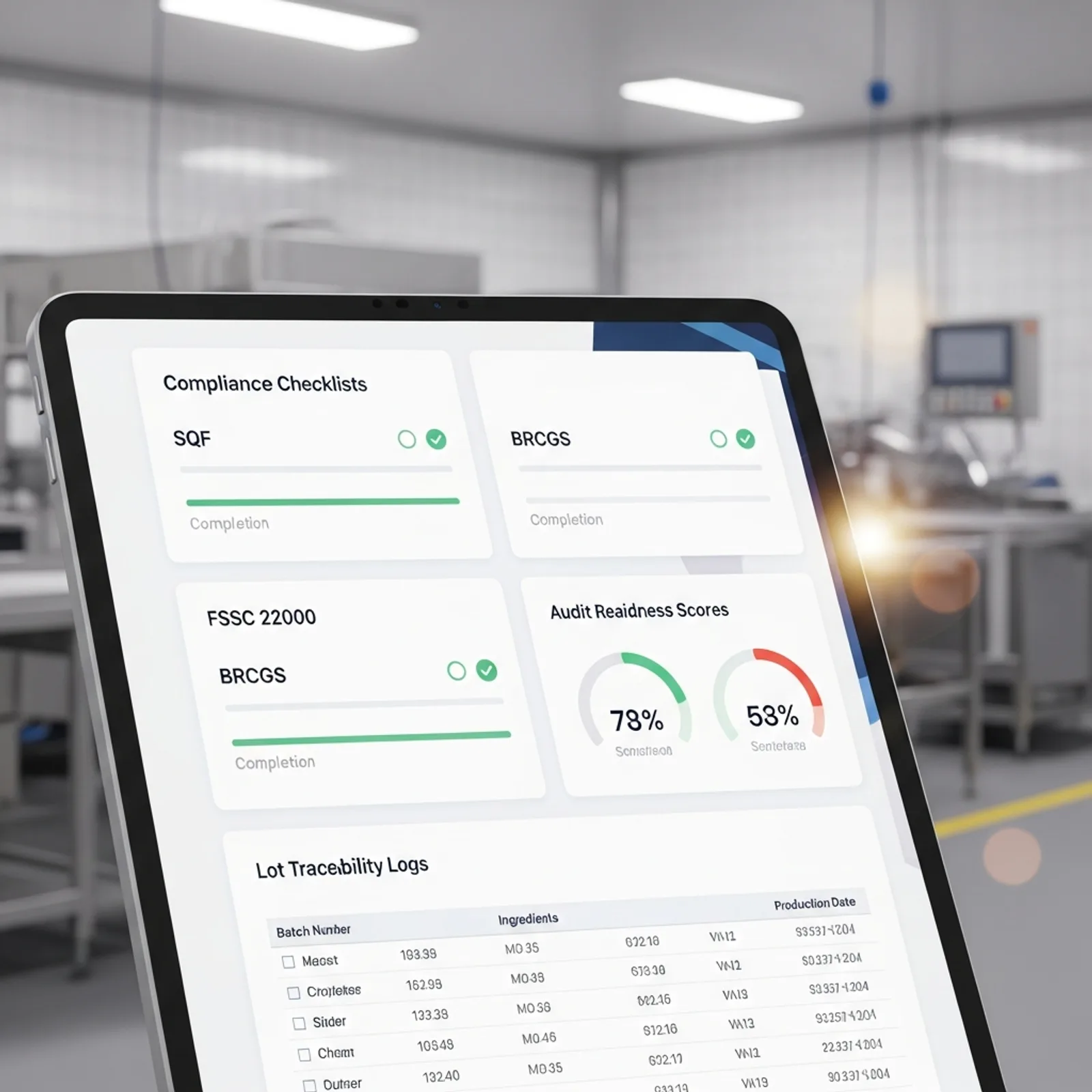 Modern minimalist GFSI software dashboard showing SQF, BRCGS, and FSSC 22000 compliance checklists, audit readiness scores, and lot traceability logs on a tablet screen in a clean, professional food manufacturing facility.