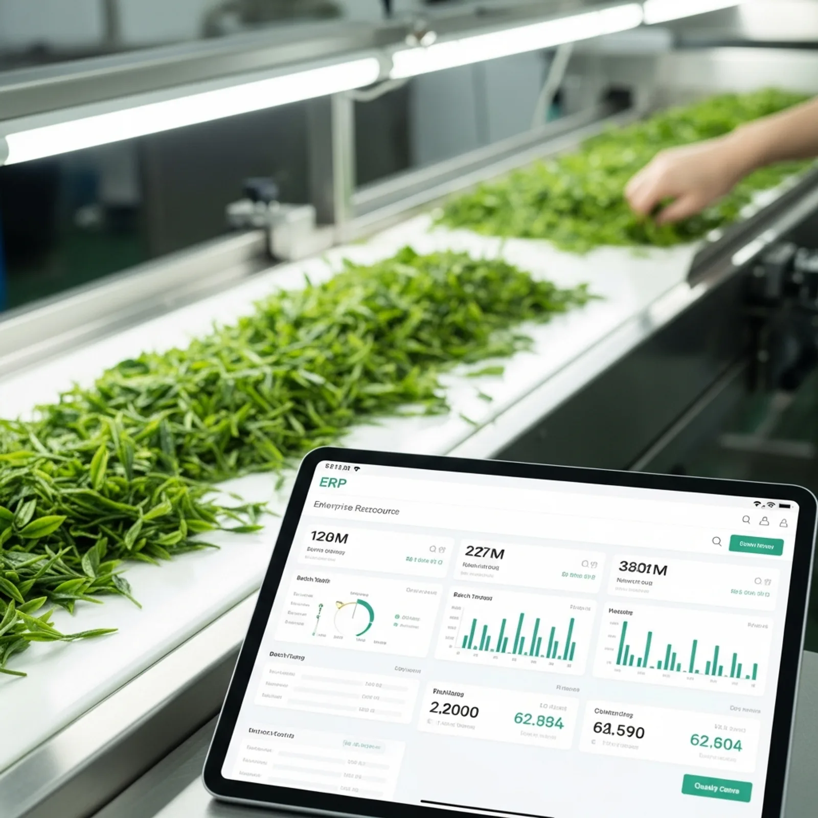 A modern, high-tech tea processing facility with digital ERP dashboards showing real-time batch tracking, recipe management, and quality control metrics. Clean minimalist design, professional lighting, and fresh green tea leaves in the background.