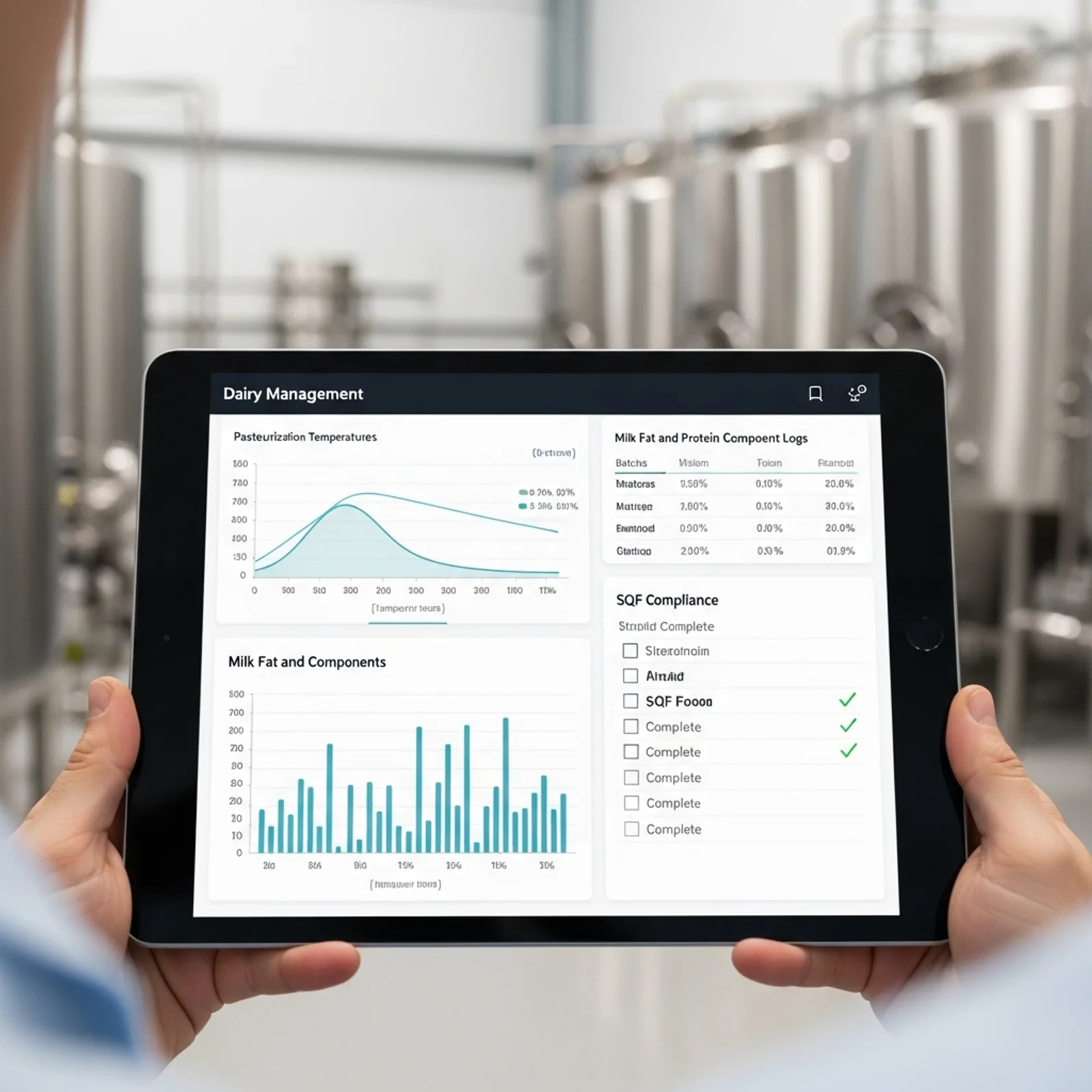 Modern minimalist dairy manufacturing dashboard showing milk intake quality logs, pasteurization temperature charts, and lot traceability checklists on a tablet screen in a clean, professional dairy processing facility.