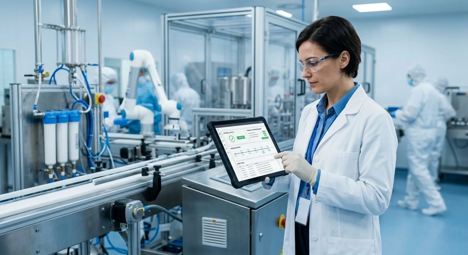 Quality manager reviewing a controlled electronic SOP on a tablet beside a GMP production line