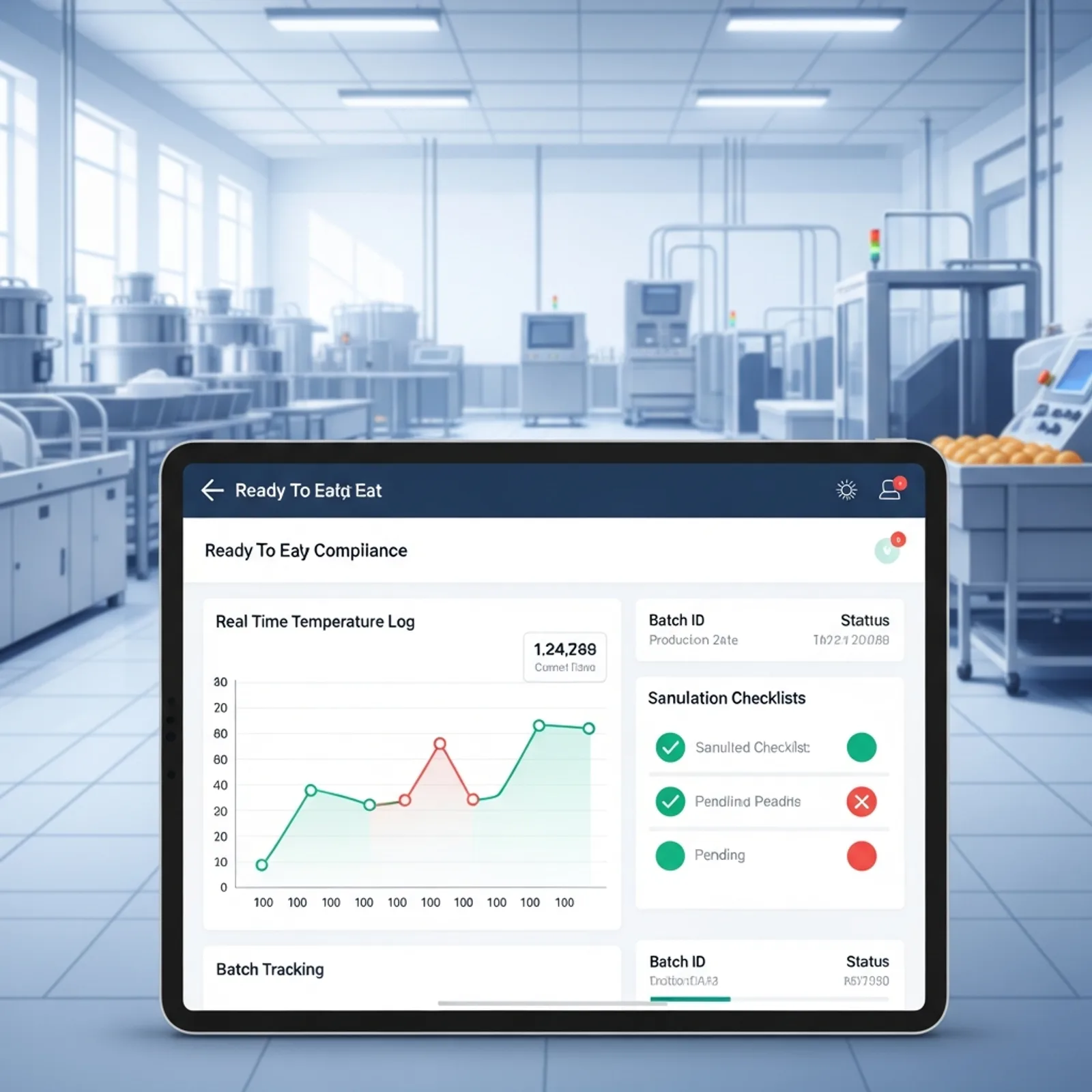 A modern minimalist, clean and professional digital illustration of ready-to-eat food safety and compliance software. Show a sleek tablet displaying a dashboard with real-time temperature logs, sanitation checklists, and batch tracking in a high-tech food manufacturing facility.