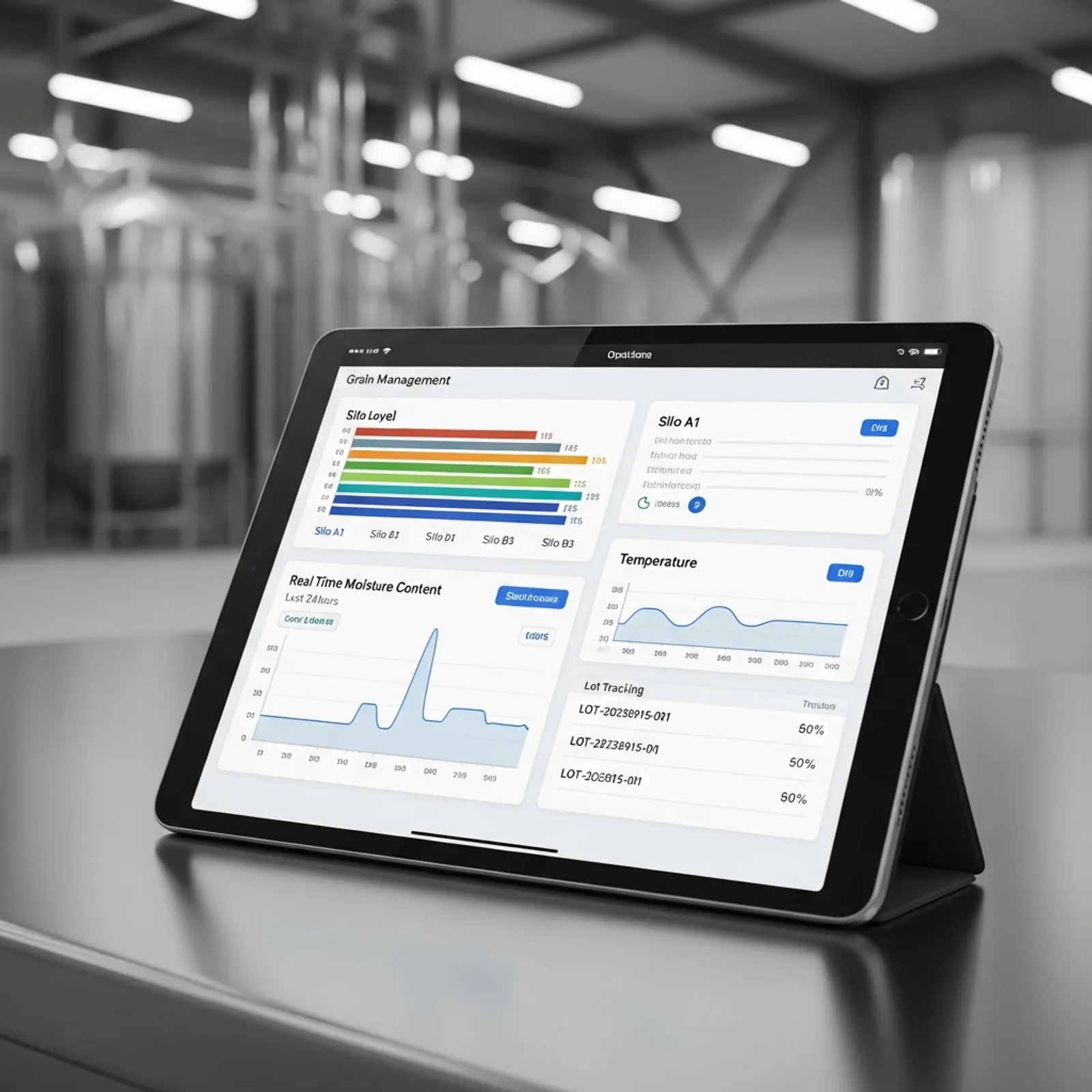 A professional, modern minimalist tablet interface displaying a grain management and silo monitoring dashboard inside a clean, high-tech grain processing facility. The screen shows digital silo levels, moisture content, temperature logs, and lot tracking codes. High-quality photography, clean and professional color palette, subtle gradients.