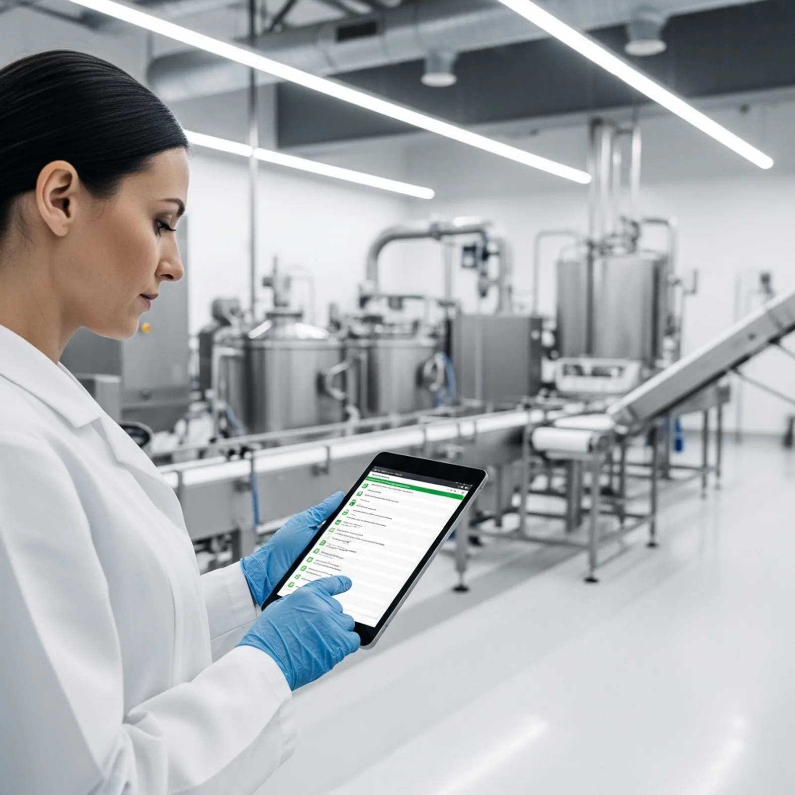 A professional food safety manager in a clean, modern food manufacturing facility inspecting SQF compliance checklists on a tablet.