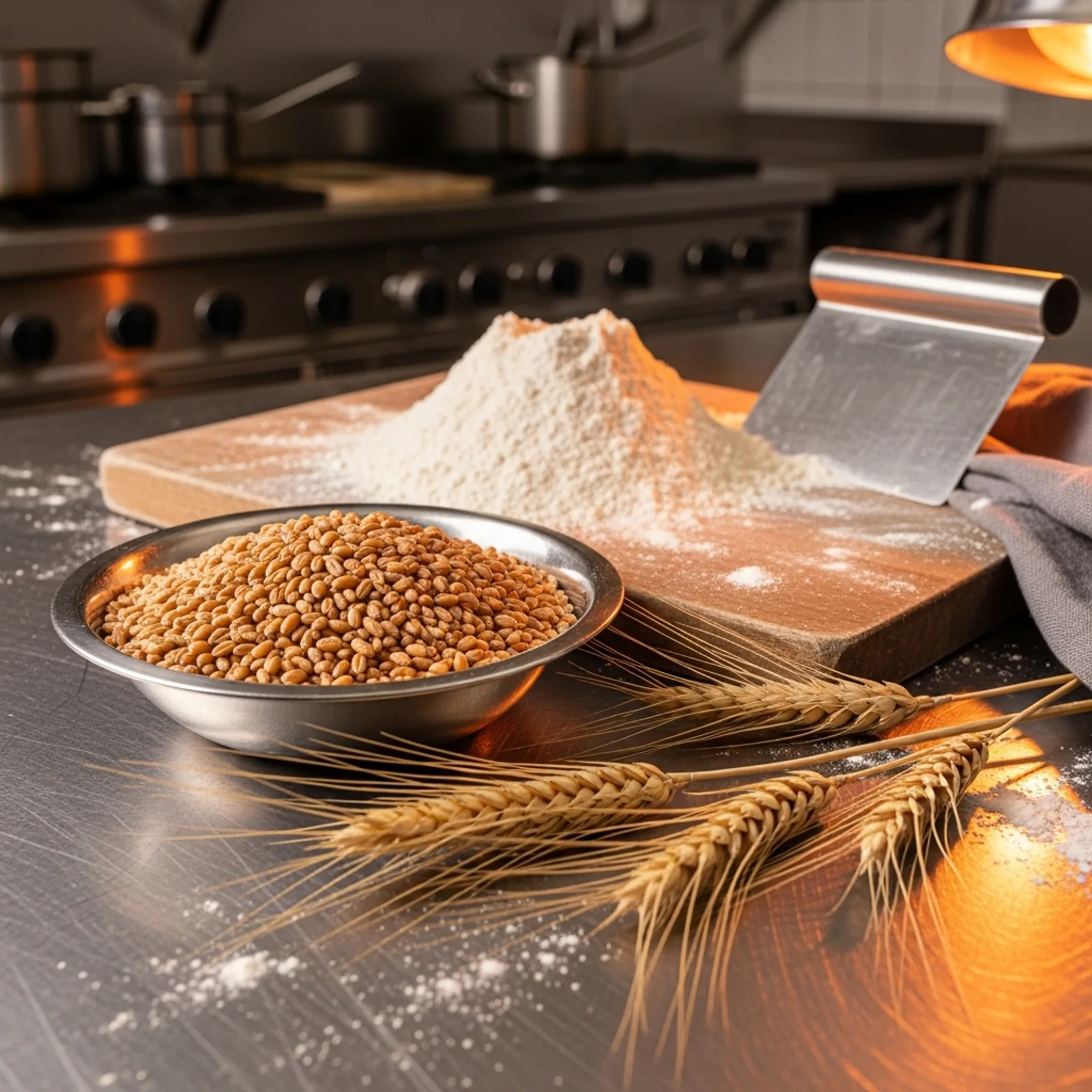 Whole golden wheat berries in a stainless steel bowl beside a mound of stone-ground flour on a wooden pastry board, with wheat stalks and a bench scraper on a brushed stainless steel restaurant kitchen prep table and a professional kitchen blurred in the background