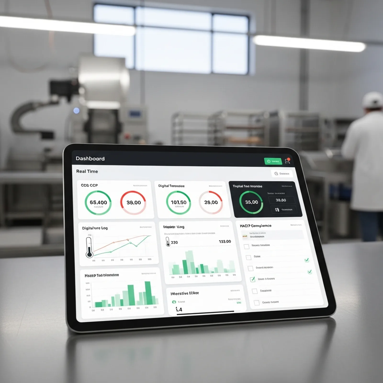 Modern minimalist food safety software dashboard showing real-time CCP monitoring, temperature logs, and HACCP compliance checklists on a tablet screen in a clean, professional food manufacturing facility.