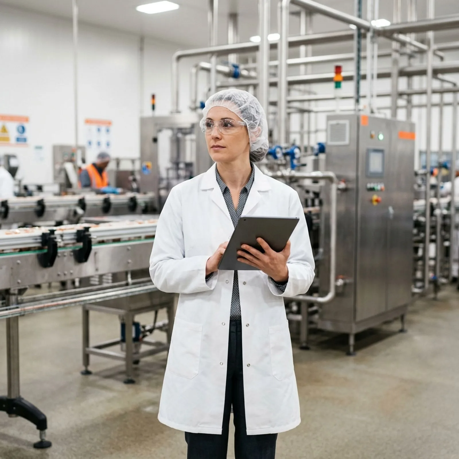 Female food safety consultant in a white lab coat, hairnet and safety glasses holding a tablet in a food manufacturing plant, with stainless steel processing equipment behind her.